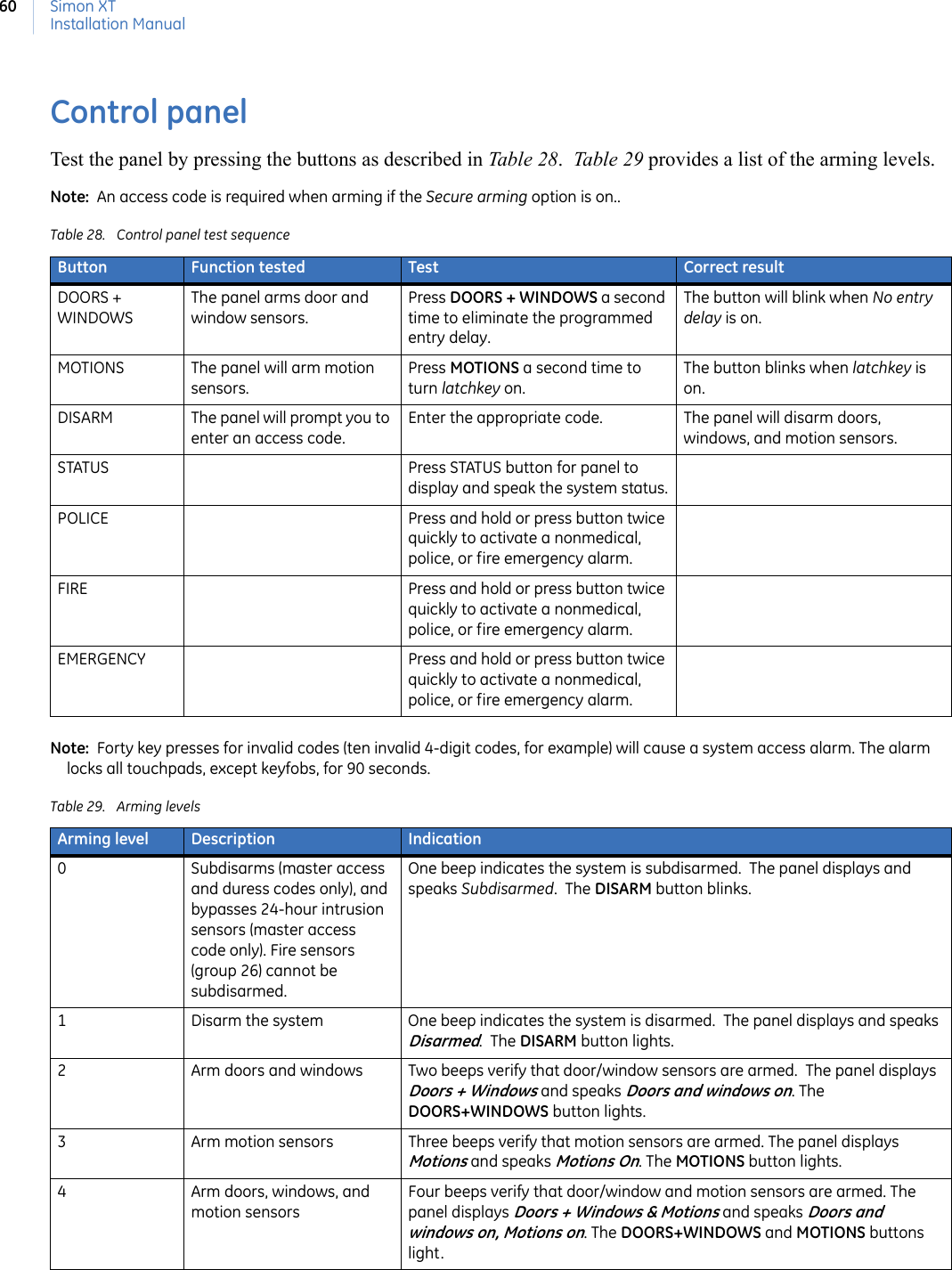 Simon XTInstallation Manual60Control panelTest the panel by pressing the buttons as described in Table 28.  Table 29 provides a list of the arming levels. Note:  An access code is required when arming if the Secure arming option is on..Note:  Forty key presses for invalid codes (ten invalid 4-digit codes, for example) will cause a system access alarm. The alarm locks all touchpads, except keyfobs, for 90 seconds.Table 28. Control panel test sequenceButton Function tested Test Correct resultDOORS + WINDOWSThe panel arms door and window sensors.Press DOORS + WINDOWS a second time to eliminate the programmed entry delay. The button will blink when No entry delay is on.MOTIONS The panel will arm motion sensors. Press MOTIONS a second time to turn latchkey on.The button blinks when latchkey is on.DISARM The panel will prompt you to enter an access code.Enter the appropriate code. The panel will disarm doors, windows, and motion sensors.STATUS Press STATUS button for panel to display and speak the system status.POLICE Press and hold or press button twice quickly to activate a nonmedical, police, or fire emergency alarm.FIRE Press and hold or press button twice quickly to activate a nonmedical, police, or fire emergency alarm.EMERGENCY Press and hold or press button twice quickly to activate a nonmedical, police, or fire emergency alarm.Table 29. Arming levelsArming level Description Indication0 Subdisarms (master access and duress codes only), and bypasses 24-hour intrusion sensors (master access code only). Fire sensors (group 26) cannot be subdisarmed.One beep indicates the system is subdisarmed.  The panel displays and speaks Subdisarmed.  The DISARM button blinks.1 Disarm the system One beep indicates the system is disarmed.  The panel displays and speaks Disarmed.  The DISARM button lights.2 Arm doors and windows Two beeps verify that door/window sensors are armed.  The panel displays Doors + Windows and speaks Doors and windows on. The DOORS+WINDOWS button lights.3 Arm motion sensors Three beeps verify that motion sensors are armed. The panel displays Motions and speaks Motions On. The MOTIONS button lights.4 Arm doors, windows, and motion sensorsFour beeps verify that door/window and motion sensors are armed. The panel displays Doors + Windows &amp; Motions and speaks Doors and windows on, Motions on. The DOORS+WINDOWS and MOTIONS buttons light.