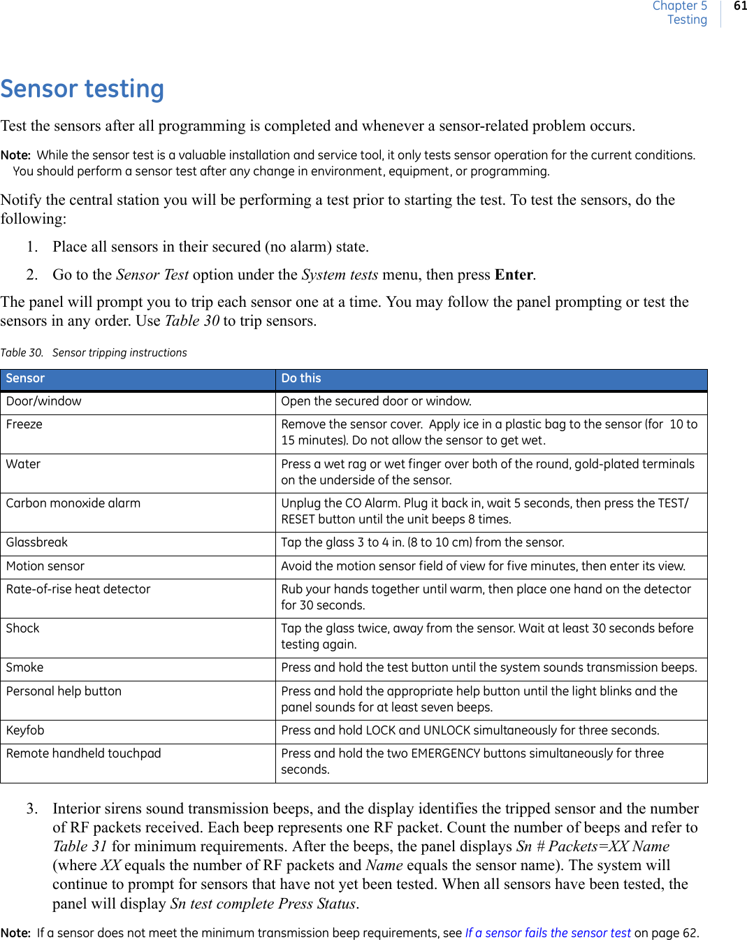 Chapter 5Testing61Sensor testingTest the sensors after all programming is completed and whenever a sensor-related problem occurs.Note:  While the sensor test is a valuable installation and service tool, it only tests sensor operation for the current conditions. You should perform a sensor test after any change in environment, equipment, or programming.Notify the central station you will be performing a test prior to starting the test. To test the sensors, do the following:1. Place all sensors in their secured (no alarm) state.2. Go to the Sensor Test option under the System tests menu, then press Enter.The panel will prompt you to trip each sensor one at a time. You may follow the panel prompting or test the sensors in any order. Use Table 30 to trip sensors.3. Interior sirens sound transmission beeps, and the display identifies the tripped sensor and the number of RF packets received. Each beep represents one RF packet. Count the number of beeps and refer to Table 31 for minimum requirements. After the beeps, the panel displays Sn # Packets=XX Name (where XX equals the number of RF packets and Name equals the sensor name). The system will continue to prompt for sensors that have not yet been tested. When all sensors have been tested, the panel will display Sn test complete Press Status.Note:  If a sensor does not meet the minimum transmission beep requirements, see If a sensor fails the sensor test on page 62. Table 30. Sensor tripping instructionsSensor Do thisDoor/window Open the secured door or window.Freeze Remove the sensor cover.  Apply ice in a plastic bag to the sensor (for  10 to 15 minutes). Do not allow the sensor to get wet.Water Press a wet rag or wet finger over both of the round, gold-plated terminals on the underside of the sensor.Carbon monoxide alarm Unplug the CO Alarm. Plug it back in, wait 5 seconds, then press the TEST/RESET button until the unit beeps 8 times.Glassbreak Tap the glass 3 to 4 in. (8 to 10 cm) from the sensor.Motion sensor Avoid the motion sensor field of view for five minutes, then enter its view.Rate-of-rise heat detector Rub your hands together until warm, then place one hand on the detector for 30 seconds.Shock Tap the glass twice, away from the sensor. Wait at least 30 seconds before testing again.Smoke Press and hold the test button until the system sounds transmission beeps.Personal help button Press and hold the appropriate help button until the light blinks and the panel sounds for at least seven beeps.Keyfob Press and hold LOCK and UNLOCK simultaneously for three seconds.Remote handheld touchpad Press and hold the two EMERGENCY buttons simultaneously for three seconds.