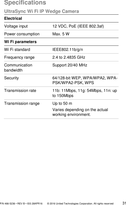               P/N 466-5236 • REV B • ISS 28APR16       © 2016 United Technologies Corporation. All rights reserved             31  Specifications  UltraSync Wi Fi IP Wedge Camera   Electrical Voltage input 12 VDC, PoE (IEEE 802.3af) Power consumption Max. 5 W Wi Fi parameters Wi Fi standard IEEE802.11b/g/n Frequency range 2.4 to 2.4835 GHz Communication bandwidth Support 20/40 MHz Security 64/128-bit WEP, WPA/WPA2, WPA-PSK/WPA2-PSK, WPS Transmission rate 11b: 11Mbps, 11g: 54Mbps, 11n: up to 150Mbps Transmission range Up to 50 m Varies depending on the actual working environment.                