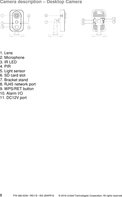 8                 P/N 466-5236 • REV B • ISS 28APR16       © 2016 United Technologies Corporation. All rights reserved Camera description – Desktop Camera     1. Lens 2. Microphone 3. IR LED 4. PIR 5. Light sensor 6. SD card slot 7. Bracket stand 8. RJ45 network port 9. WPS/RET button 10. Alarm I/O 11. DC12V port         