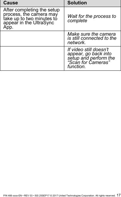  P/N 466-xxxx-EN • REV 03 • ISS 25SEP17 © 2017 United Technologies Corporation. All rights reserved.  17 Cause Solution After completing the setup process, the camera may take up to two minutes to appear in the UltraSync App. Wait for the process to complete  Make sure the camera is still connected to the network.  If video still doesn’t appear, go back into setup and perform the “Scan for Cameras” function. 