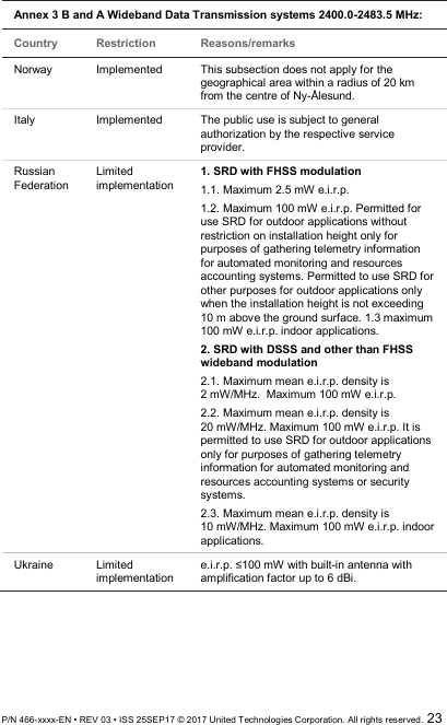  P/N 466-xxxx-EN • REV 03 • ISS 25SEP17 © 2017 United Technologies Corporation. All rights reserved.  23  Annex 3 B and A Wideband Data Transmission systems 2400.0-2483.5 MHz: Country Restriction Reasons/remarks Norway Implemented This subsection does not apply for the geographical area within a radius of 20 km from the centre of Ny-Ålesund. Italy Implemented The public use is subject to general authorization by the respective service provider. Russian Federation Limited implementation 1. SRD with FHSS modulation 1.1. Maximum 2.5 mW e.i.r.p. 1.2. Maximum 100 mW e.i.r.p. Permitted for use SRD for outdoor applications without restriction on installation height only for purposes of gathering telemetry information for automated monitoring and resources accounting systems. Permitted to use SRD for other purposes for outdoor applications only when the installation height is not exceeding 10 m above the ground surface. 1.3 maximum 100 mW e.i.r.p. indoor applications. 2. SRD with DSSS and other than FHSS wideband modulation 2.1. Maximum mean e.i.r.p. density is 2 mW/MHz.  Maximum 100 mW e.i.r.p. 2.2. Maximum mean e.i.r.p. density is 20 mW/MHz. Maximum 100 mW e.i.r.p. It is permitted to use SRD for outdoor applications only for purposes of gathering telemetry information for automated monitoring and resources accounting systems or security systems. 2.3. Maximum mean e.i.r.p. density is 10 mW/MHz. Maximum 100 mW e.i.r.p. indoor applications. Ukraine Limited implementation e.i.r.p. ≤100 mW with built-in antenna with amplification factor up to 6 dBi.  