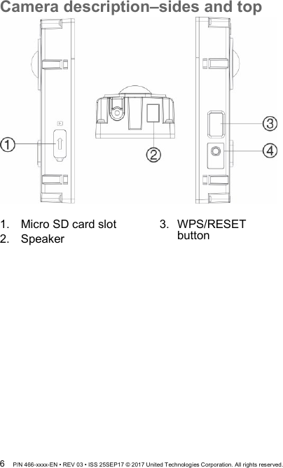  6  P/N 466-xxxx-EN • REV 03 • ISS 25SEP17 © 2017 United Technologies Corporation. All rights reserved. Camera description–sides and top   1.  Micro SD card slot 2.  Speaker   3.  WPS/RESET button   