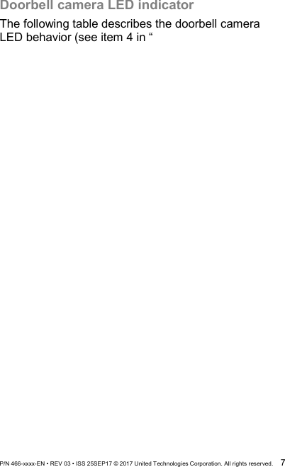  P/N 466-xxxx-EN • REV 03 • ISS 25SEP17 © 2017 United Technologies Corporation. All rights reserved.  7 Doorbell camera LED indicator The following table describes the doorbell camera LED behavior (see item 4 in “