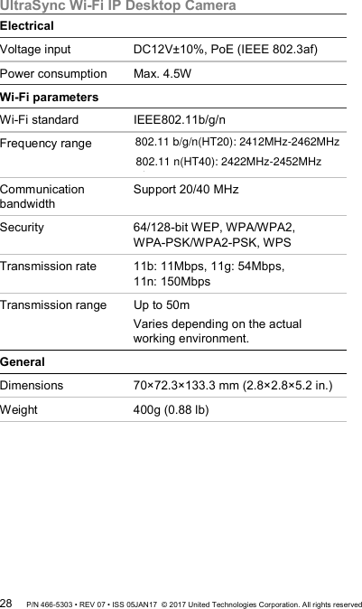 UltraSync Wi-Fi IP Desktop Camera Electrical Voltage input DC12V±10%, PoE (IEEE 802.3af) Power consumption Max. 4.5W Wi-Fi parameters Wi-Fi standard IEEE802.11b/g/n Frequency range   Communication bandwidth Support 20/40 MHz Security  64/128-bit WEP, WPA/WPA2,  WPA-PSK/WPA2-PSK, WPS Transmission rate 11b: 11Mbps, 11g: 54Mbps,  11n: 150Mbps Transmission range  Up to 50m Varies depending on the actual working environment. General Dimensions  70×72.3×133.3 mm (2.8×2.8×5.2 in.) Weight 400g (0.88 lb)         28 P/N 466-5303 • REV 07 • ISS 05JAN17  © 2017 United Technologies Corporation. All rights reserved  802.11 b/g/n(HT20): 2412MHz-2462MHz802.11 n(HT40): 2422MHz-2452MHz