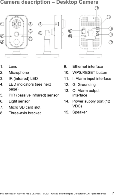 Camera description – Desktop Camera   1.  Lens 2.  Microphone 3.  IR (infrared) LED 4.  LED indicators (see next page) 5.  PIR (passive infrared) sensor 6.  Light sensor 7.  Micro SD card slot 8.  Three-axis bracket 9.  Ethernet interface 10.  WPS/RESET button 11.  I: Alarm input interface 12.  G: Grounding 13.  O: Alarm output interface 14.  Power supply port (12 VDC) 15.  Speaker  P/N 466-5303 • REV 07 • ISS 05JAN17  © 2017 United Technologies Corporation. All rights reserved 7 