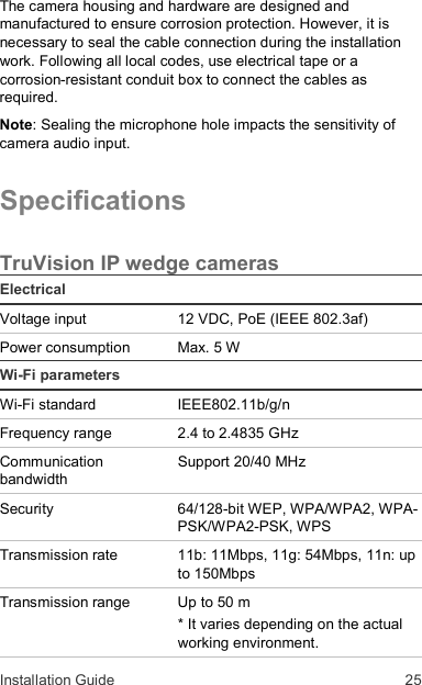 Installation Guide  25 The camera housing and hardware are designed and manufactured to ensure corrosion protection. However, it is necessary to seal the cable connection during the installation work. Following all local codes, use electrical tape or a corrosion-resistant conduit box to connect the cables as required. Note: Sealing the microphone hole impacts the sensitivity of camera audio input. Specifications  TruVision IP wedge cameras   Electrical Voltage input  12 VDC, PoE (IEEE 802.3af) Power consumption Max. 5 W Wi-Fi parameters Wi-Fi standard IEEE802.11b/g/n Frequency range 2.4 to 2.4835 GHz Communication bandwidth Support 20/40 MHz Security 64/128-bit WEP, WPA/WPA2, WPA-PSK/WPA2-PSK, WPS Transmission rate 11b: 11Mbps, 11g: 54Mbps, 11n: up to 150Mbps Transmission range  Up to 50 m * It varies depending on the actual working environment. 