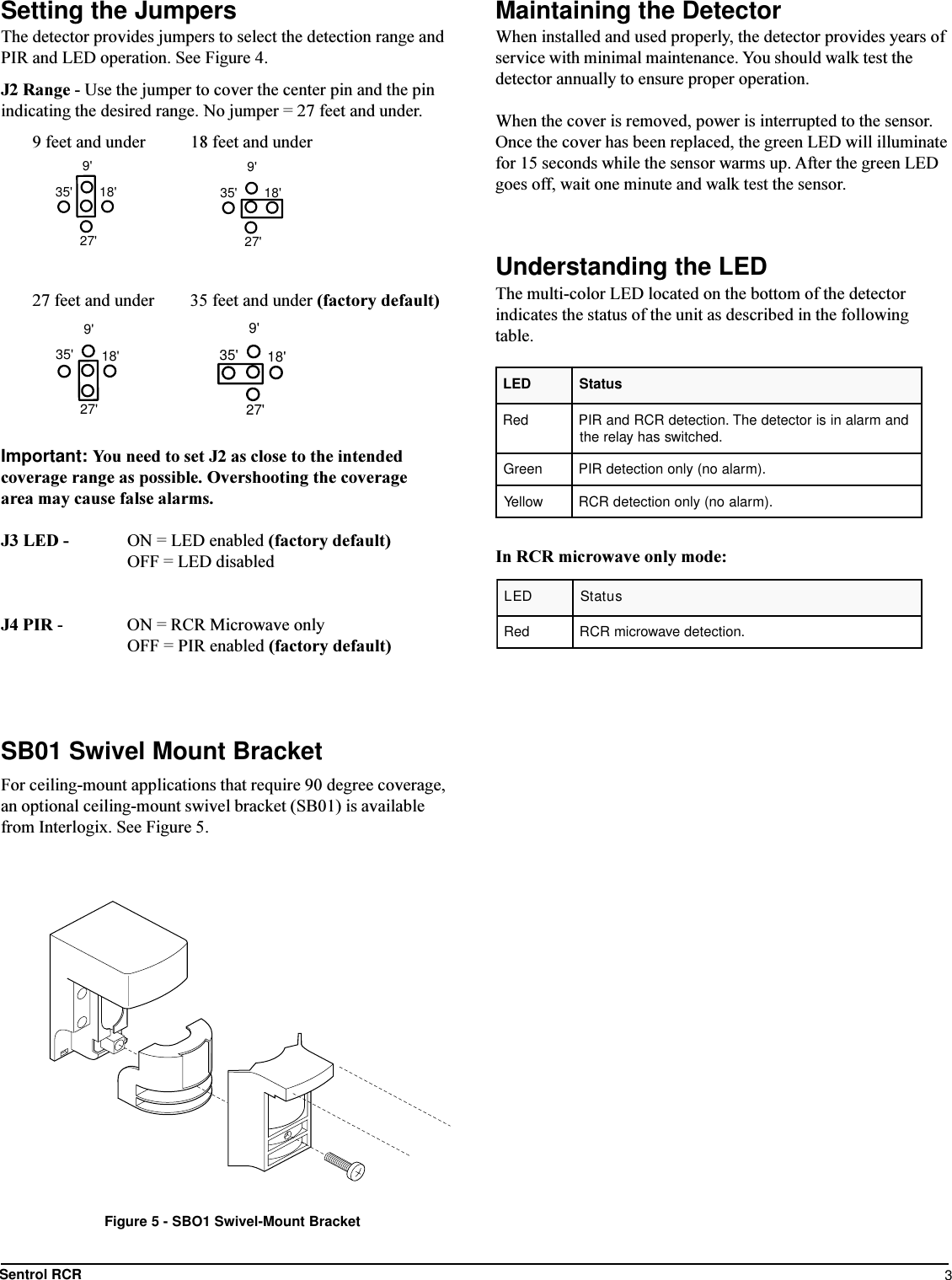 3Sentrol RCRImportant: You need to set J2 as close to the intendedcoverage range as possible. Overshooting the coveragearea may cause false alarms.J3 LED - ON = LED enabled (factory default)OFF = LED disabledJ4 PIR - ON = RCR Microwave onlyOFF = PIR enabled (factory default)Understanding the LEDThe multi-color LED located on the bottom of the detectorindicates the status of the unit as described in the followingtable.Maintaining the DetectorWhen installed and used properly, the detector provides years ofservice with minimal maintenance. You should walk test thedetector annually to ensure proper operation.When the cover is removed, power is interrupted to the sensor.Once the cover has been replaced, the green LED will illuminatefor 15 seconds while the sensor warms up. After the green LEDgoes off, wait one minute and walk test the sensor.SB01 Swivel Mount BracketFor ceiling-mount applications that require 90 degree coverage,an optional ceiling-mount swivel bracket (SB01) is availablefrom Interlogix. See Figure 5.Figure 5 - SBO1 Swivel-Mount BracketDEL sutatSdeRdnamralanisirotcetedehT.noitcetedRCRdnaRIP .dehctiwssahyalerehtneerG.)mralaon(ylnonoitcetedRIPwolleY.)mralaon(ylnonoitcetedRCRSetting the JumpersThe detector provides jumpers to select the detection range andPIR and LED operation. See Figure 4.J2 Range - Use the jumper to cover the center pin and the pinindicating the desired range. No jumper = 27 feet and under.9 feet and under 18 feet and under27 feet and under 35 feet and under (factory default)9&apos;18&apos;35&apos;27&apos;9&apos;18&apos;35&apos;27&apos;9&apos;18&apos;35&apos;27&apos;9&apos;18&apos;35&apos;27&apos;In RCR microwave only mode:DEL sutatSdeR.noitcetedevaworcimRCR