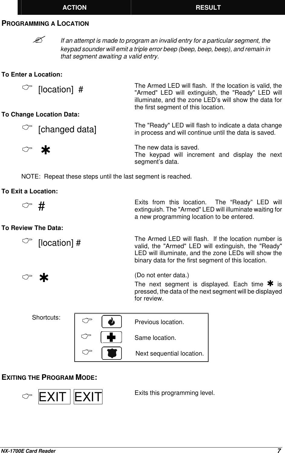 NX-1700E Card Reader 7ACTION RESULTPROGRAMMING A LOCATIONIf an attempt is made to program an invalid entry for a particular segment, thekeypad sounder will emit a triple error beep (beep, beep, beep), and remain inthat segment awaiting a valid entry.To Enter a Location:[location] # The Armed LED will flash. If the location is valid, the&quot;Armed&quot; LED will extinguish, the &quot;Ready&quot; LED willilluminate, and the zone LED’s will show the data forthe first segment of this location.To Change Location Data:[changed data] The &quot;Ready&quot; LED will flash to indicate a data changein process and will continue until the data is saved. The new data is saved.The keypad will increment and display the nextsegment’s data.NOTE: Repeat these steps until the last segment is reached.To Exit a Location:#Exits from this location. The “Ready” LED willextinguish. The &quot;Armed&quot; LED will illuminate waiting fora new programming location to be entered.To Review The Data:[location] # The Armed LED will flash. If the location number isvalid, the &quot;Armed&quot; LED will extinguish, the &quot;Ready&quot;LED will illuminate, and the zone LEDs will show thebinary data for the first segment of this location. (Do not enter data.)The next segment is displayed. Each time rispressed, the data of the next segment will be displayedfor review.Shortcuts: Previous location.Same location.Next sequential location.EXITING THE PROGRAM MODE:EXIT EXIT Exits this programming level.