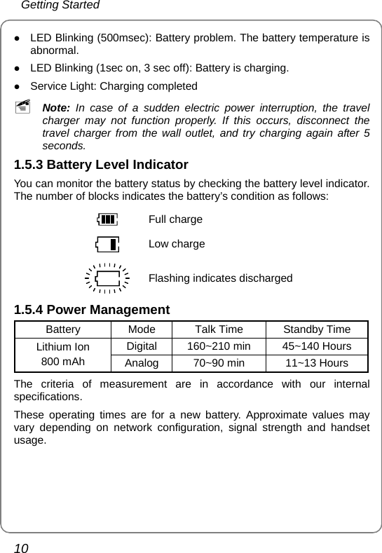  Getting Started 10 z LED Blinking (500msec): Battery problem. The battery temperature is abnormal. z LED Blinking (1sec on, 3 sec off): Battery is charging. z Service Light: Charging completed ~ Note: In case of a sudden electric power interruption, the travel charger may not function properly. If this occurs, disconnect the travel charger from the wall outlet, and try charging again after 5 seconds. 1.5.3 Battery Level Indicator You can monitor the battery status by checking the battery level indicator. The number of blocks indicates the battery’s condition as follows:  Full charge  Low charge Flashing indicates discharged 1.5.4 Power Management Battery  Mode  Talk Time  Standby Time Digital  160~210 min  45~140 Hours Lithium Ion 800 mAh  Analog  70~90 min  11~13 Hours The criteria of measurement are in accordance with our internal specifications. These operating times are for a new battery. Approximate values may vary depending on network configuration, signal strength and handset usage. 