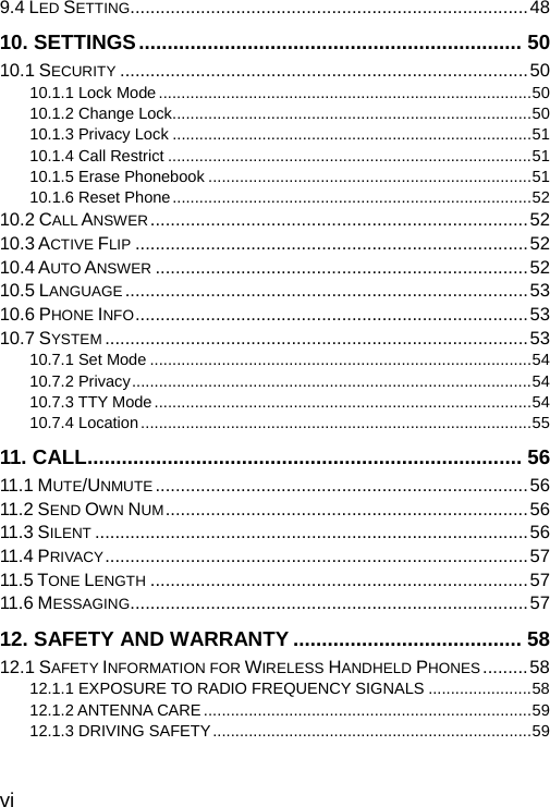  vi 9.4 LED SETTING...............................................................................48 10. SETTINGS................................................................... 50 10.1 SECURITY .................................................................................50 10.1.1 Lock Mode ...................................................................................50 10.1.2 Change Lock................................................................................50 10.1.3 Privacy Lock ................................................................................51 10.1.4 Call Restrict .................................................................................51 10.1.5 Erase Phonebook ........................................................................51 10.1.6 Reset Phone................................................................................52 10.2 CALL ANSWER...........................................................................52 10.3 ACTIVE FLIP ..............................................................................52 10.4 AUTO ANSWER ..........................................................................52 10.5 LANGUAGE ................................................................................53 10.6 PHONE INFO..............................................................................53 10.7 SYSTEM ....................................................................................53 10.7.1 Set Mode .....................................................................................54 10.7.2 Privacy.........................................................................................54 10.7.3 TTY Mode....................................................................................54 10.7.4 Location.......................................................................................55 11. CALL............................................................................ 56 11.1 MUTE/UNMUTE..........................................................................56 11.2 SEND OWN NUM........................................................................56 11.3 SILENT ......................................................................................56 11.4 PRIVACY....................................................................................57 11.5 TONE LENGTH ...........................................................................57 11.6 MESSAGING...............................................................................57 12. SAFETY AND WARRANTY ........................................ 58 12.1 SAFETY INFORMATION FOR WIRELESS HANDHELD PHONES .........58 12.1.1 EXPOSURE TO RADIO FREQUENCY SIGNALS .......................58 12.1.2 ANTENNA CARE.........................................................................59 12.1.3 DRIVING SAFETY.......................................................................59 