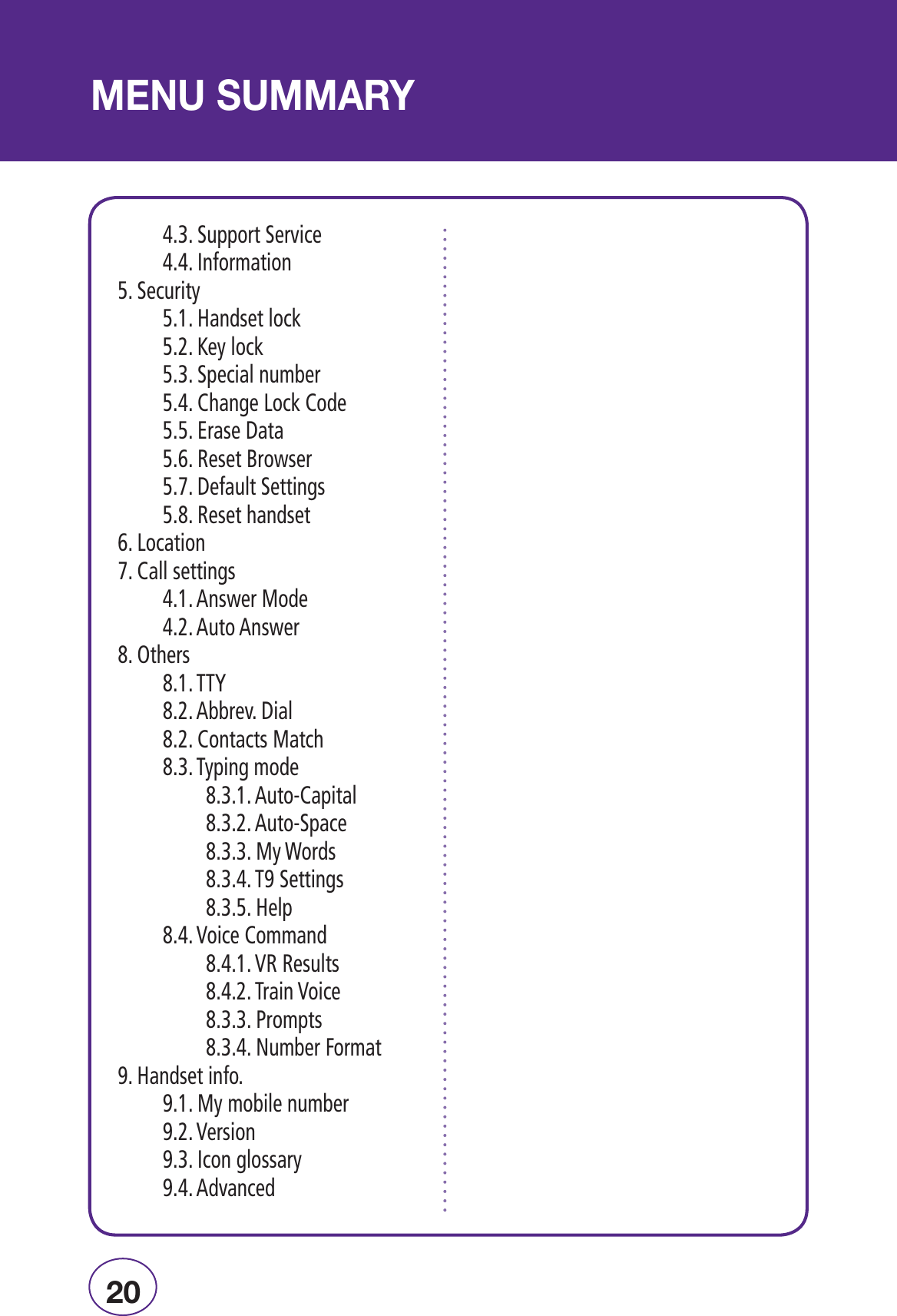 Óä 1Ê-1,9 3UPPORT3ERVICE )NFORMATION3ECURITY (ANDSETLOCK +EYLOCK 3PECIALNUMBER #HANGE,OCK#ODE %RASE$ATA 2ESET&quot;ROWSER $EFAULT3ETTINGS 2ESETHANDSET,OCATION#ALLSETTINGS !NSWER-ODE !UTO!NSWER/THERS 449 !BBREV$IAL #ONTACTS-ATCH 4YPINGMODE  !UTO#APITAL  !UTO3PACE  -Y7ORDS  43ETTINGS  (ELP 6OICE#OMMAND  622ESULTS  4RAIN6OICE  0ROMPTS  .UMBER&amp;ORMAT(ANDSETINFO -YMOBILENUMBER 6ERSION )CONGLOSSARY !DVANCED