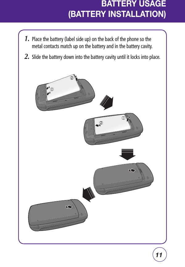 11BATTERY USAGE (BATTERY INSTALLATION)1.   Place the battery (label side up) on the back of the phone so the metal contacts match up on the battery and in the battery cavity.2.  Slide the battery down into the battery cavity until it locks into place.