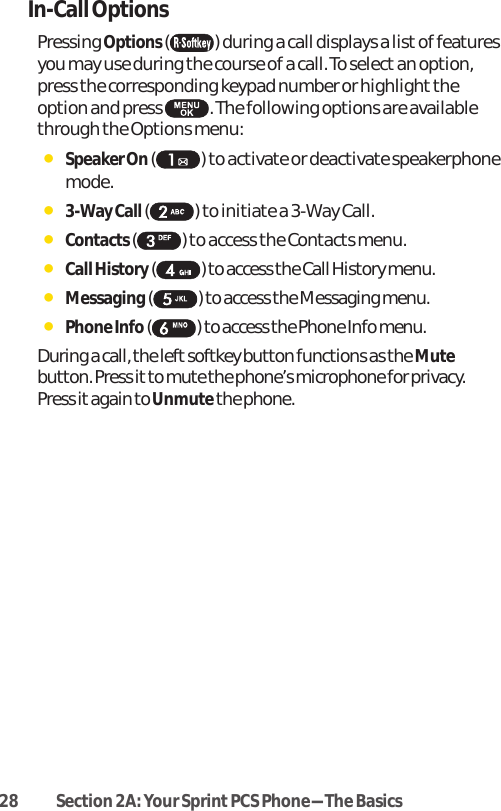 28 Section 2A: Your SprintPCS Phone-The BasicsIn-Call OptionsPressing Options( ) during a call displays a list of featuresyou may use during the course of a call. To selectan option,press the corresponding keypad number or highlight theoption and press  . The following options are availablethrough the Options menu: ⅷSpeaker On ( ) to activate or deactivate speakerphonemode.ⅷ3-Way Call ( ) to initiate a 3-Way Call.ⅷContacts( ) to access the Contacts menu.ⅷCall History ( ) to access the Call History menu.ⅷMessaging( ) to access the Messaging menu.ⅷPhone Info ( )to access the Phone Info menu.During a call, the left softkey button functions as the Mutebutton. Press it to mute the phone’s microphone for privacy.Press it again to Unmutethe phone.