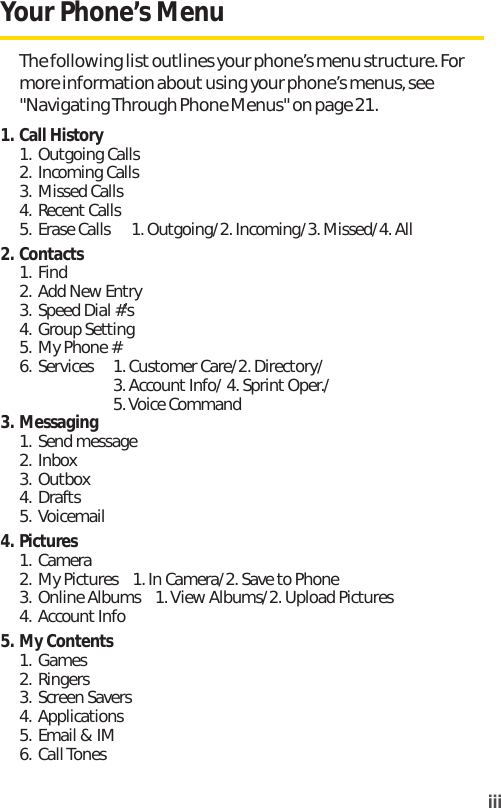 iiiYour Phone’s MenuThe following list outlines your phone’s menu structure. Formore information about using your phone’s menus, see&quot;Navigating Through Phone Menus&quot; on page 21.1. Call History1. Outgoing Calls2. Incoming Calls3. Missed Calls4. Recent Calls5. Erase Calls 1. Outgoing/2. Incoming/3. Missed/4. All2. Contacts1. Find2. Add New Entry3. Speed Dial #’s4. Group Setting5. My Phone #6. Services 1. Customer Care/2. Directory/3. AccountInfo/ 4. SprintOper./5. Voice Command3. Messaging1. Send message2. Inbox3. Outbox4. Drafts5. Voicemail4. Pictures1. Camera2. My Pictures    1. In Camera/2. Save to Phone3. Online Albums    1. View Albums/2. Upload Pictures4. Account Info5. My Contents1. Games2. Ringers3. Screen Savers4. Applications5. Email &amp; IM6. Call Tones
