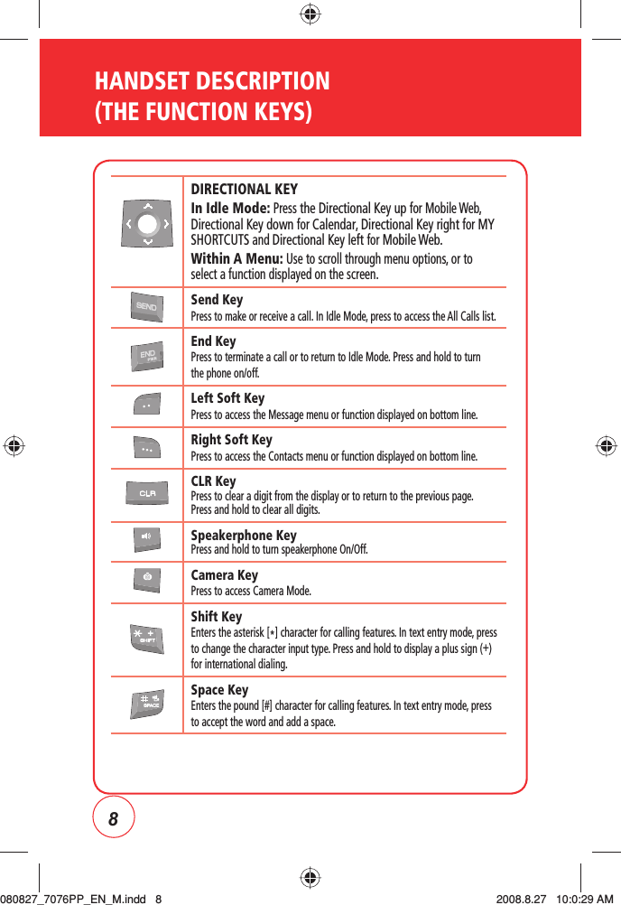 8HANDSET DESCRIPTION (THE FUNCTION KEYS)DIRECTIONAL KEYIn Idle Mode: Press the Directional Key up for Mobile Web, Directional Key down for Calendar, Directional Key right for MY SHORTCUTS and Directional Key left for Mobile Web.Within A Menu: Use to scroll through menu options, or to select a function displayed on the screen.Send Key Press to make or receive a call. In Idle Mode, press to access the All Calls list.End Key Press to terminate a call or to return to Idle Mode. Press and hold to turn the phone on/off.Left Soft Key Press to access the Message menu or function displayed on bottom line.Right Soft Key Press to access the Contacts menu or function displayed on bottom line.CLR KeyPress to clear a digit from the display or to return to the previous page.Press and hold to clear all digits.Speakerphone KeyPress and hold to turn speakerphone On/Off.Camera KeyPress to access Camera Mode.Shift Key Enters the asterisk [*] character for calling features. In text entry mode, press to change the character input type. Press and hold to display a plus sign (+) for international dialing.Space Key Enters the pound [#] character for calling features. In text entry mode, press to accept the word and add a space.080827_7076PP_EN_M.indd   8080827_7076PP_EN_M.indd   8 2008.8.27   10:0:29 AM2008.8.27   10:0:29 AM