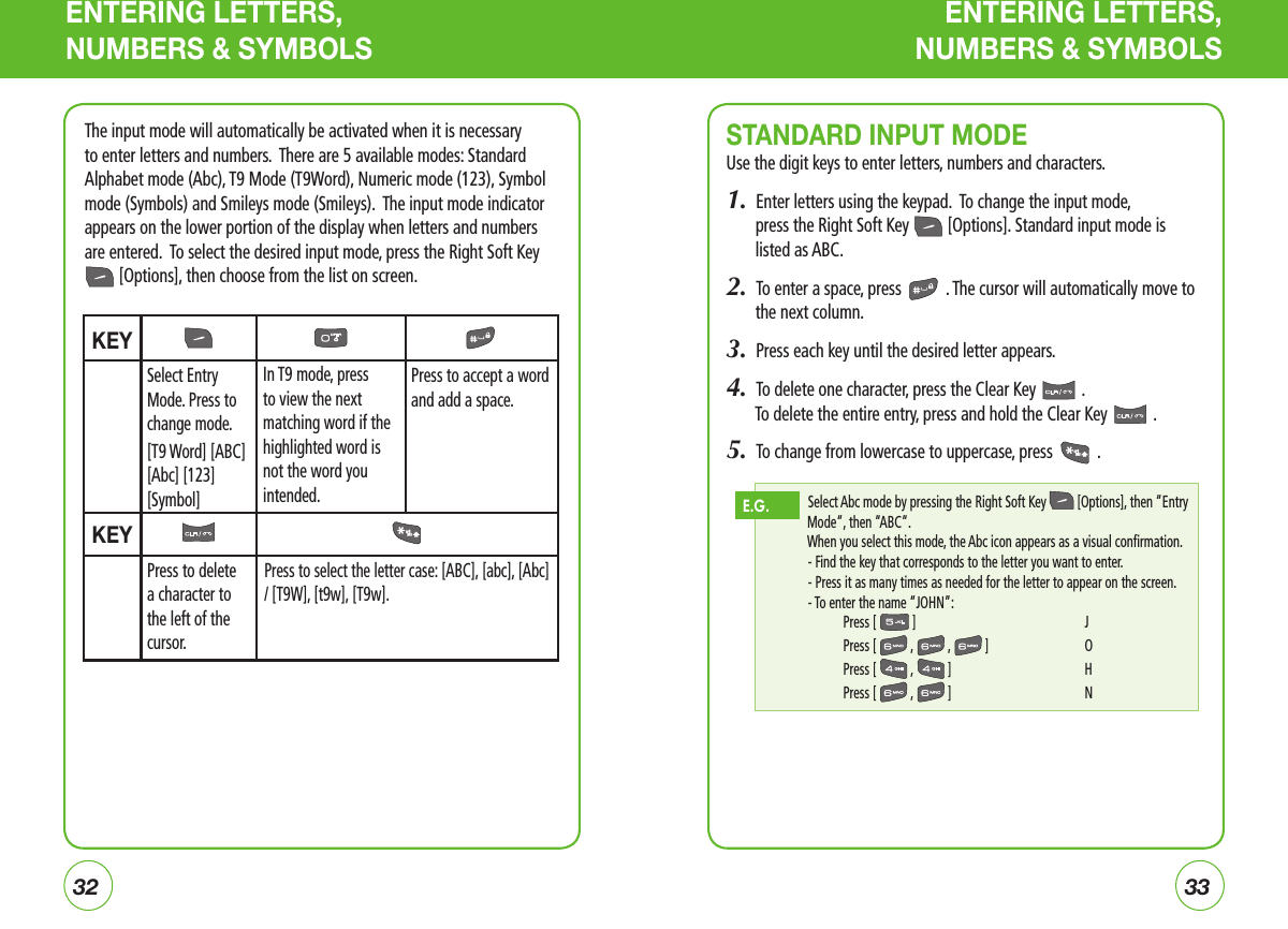3233ENTERING LETTERS, NUMBERS &amp; SYMBOLSENTERING LETTERS, NUMBERS &amp; SYMBOLSSTANDARD INPUT MODEUse the digit keys to enter letters, numbers and characters.1.  Enter letters using the keypad.  To change the input mode,         press the Right Soft Key   [Options]. Standard input mode is listed as ABC.2.  To enter a space, press   . The cursor will automatically move to the next column.3.  Press each key until the desired letter appears.4.  To delete one character, press the Clear Key   .        To delete the entire entry, press and hold the Clear Key   .5.  To change from lowercase to uppercase, press   . Select Abc mode by pressing the Right Soft Key  [Options], then “Entry Mode“, then “ABC“.When you select this mode, the Abc icon appears as a visual confirmation.  - Find the key that corresponds to the letter you want to enter. - Press it as many times as needed for the letter to appear on the screen.  - To enter the name “JOHN”:      Press [  ]      J      Press [  ,  ,  ]     O      Press [  ,  ]     H      Press [  ,  ]     NE.G.The input mode will automatically be activated when it is necessary to enter letters and numbers.  There are 5 available modes: Standard Alphabet mode (Abc), T9 Mode (T9Word), Numeric mode (123), Symbol mode (Symbols) and Smileys mode (Smileys).  The input mode indicator appears on the lower portion of the display when letters and numbers are entered.  To select the desired input mode, press the Right Soft Key  [Options], then choose from the list on screen.KEYKEYPress to select the letter case: [ABC], [abc], [Abc] / [T9W], [t9w], [T9w].Select Entry Mode. Press to change mode.[T9 Word] [ABC] [Abc] [123] [Symbol]In T9 mode, press to view the next matching word if the highlighted word is not the word you intended. Press to accept a word and add a space.Press to delete a character to the left of the cursor.