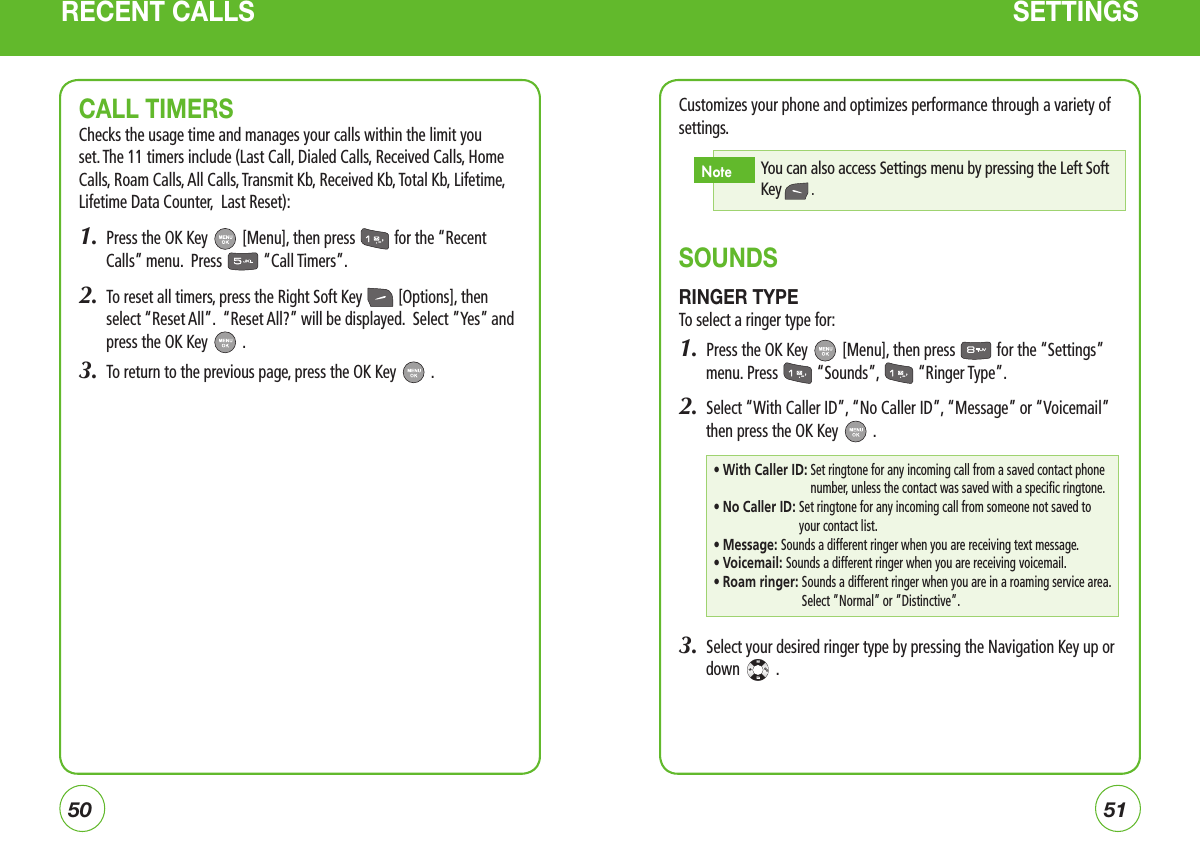 5051RECENT CALLS SETTINGSCustomizes your phone and optimizes performance through a variety of settings.SOUNDSRINGER TYPETo select a ringer type for:1.  Press the OK Key   [Menu], then press   for the “Settings” menu. Press   “Sounds”,   “Ringer Type”.2.  Select “With Caller ID”, “No Caller ID”, “Message” or “Voicemail” then press the OK Key   .3.  Select your desired ringer type by pressing the Navigation Key up or down   .CALL TIMERSChecks the usage time and manages your calls within the limit you set. The 11 timers include (Last Call, Dialed Calls, Received Calls, Home Calls, Roam Calls, All Calls, Transmit Kb, Received Kb, Total Kb, Lifetime, Lifetime Data Counter,  Last Reset):1.  Press the OK Key   [Menu], then press   for the “Recent Calls” menu.  Press   “Call Timers”.2.   To reset all timers, press the Right Soft Key   [Options], then select “Reset All”.  “Reset All?” will be displayed.  Select ”Yes” and press the OK Key   .3.  To return to the previous page, press the OK Key   .You can also access Settings menu by pressing the Left Soft Key   .Note• With Caller ID:  Set ringtone for any incoming call from a saved contact phone number, unless the contact was saved with a specific ringtone.• No Caller ID:  Set ringtone for any incoming call from someone not saved to your contact list.• Message:   Sounds a different ringer when you are receiving text message. • Voicemail:  Sounds a different ringer when you are receiving voicemail.• Roam ringer:  Sounds a different ringer when you are in a roaming service area. Select ”Normal” or ”Distinctive”.