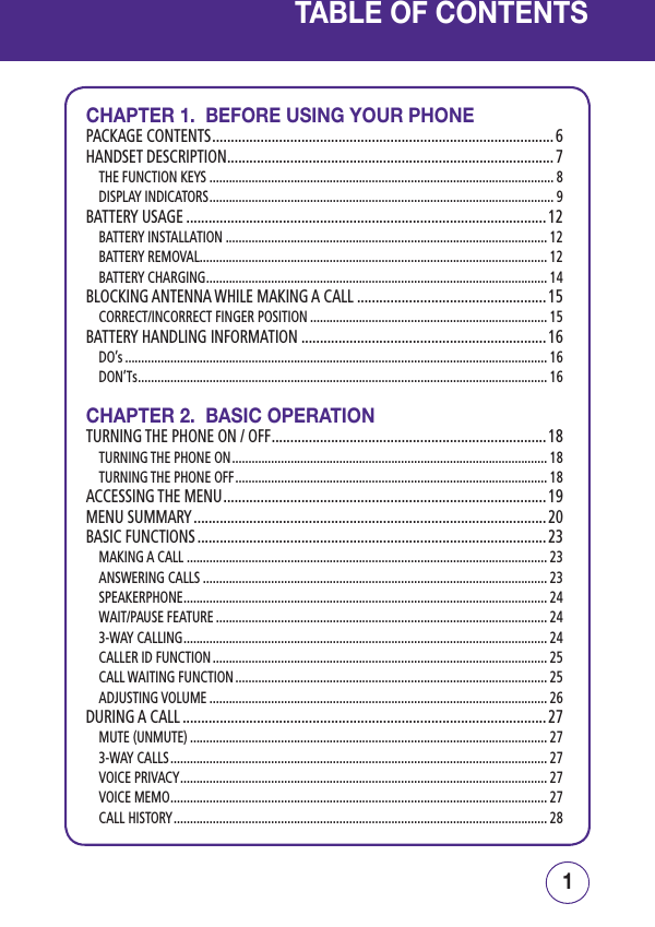TABLE OF CONTENTSCHAPTER 1.  BEFORE USING YOUR PHONEPACKAGE CONTENTS ............................................................................................ 6HANDSET DESCRIPTION ........................................................................................ 7THE FUNCTION KEYS .......................................................................................................... 8DISPLAY INDICATORS .......................................................................................................... 9BATTERY USAGE ................................................................................................. 12BATTERY INSTALLATION ................................................................................................... 12BATTERY REMOVAL ........................................................................................................... 12BATTERY CHARGING ......................................................................................................... 14BLOCKING ANTENNA WHILE MAKING A CALL ...................................................15CORRECT/INCORRECT FINGER POSITION ......................................................................... 15BATTERY HANDLING INFORMATION .................................................................. 16DO’s .................................................................................................................................. 16DON’Ts .............................................................................................................................. 16CHAPTER 2.  BASIC OPERATIONTURNING THE PHONE ON / OFF .......................................................................... 18TURNING THE PHONE ON ................................................................................................. 18TURNING THE PHONE OFF ................................................................................................ 18ACCESSING THE MENU ....................................................................................... 19MENU SUMMARY ............................................................................................... 20BASIC FUNCTIONS .............................................................................................. 23MAKING A CALL ............................................................................................................... 23ANSWERING CALLS .......................................................................................................... 23SPEAKERPHONE ................................................................................................................ 24WAIT/PAUSE FEATURE ...................................................................................................... 243-WAY CALLING ................................................................................................................ 24CALLER ID FUNCTION ....................................................................................................... 25CALL WAITING FUNCTION ................................................................................................ 25ADJUSTING VOLUME ........................................................................................................ 26DURING A CALL .................................................................................................. 27MUTE (UNMUTE) .............................................................................................................. 273-WAY CALLS .................................................................................................................... 27VOICE PRIVACY ................................................................................................................. 27VOICE MEMO .................................................................................................................... 27CALL HISTORY ................................................................................................................... 281PB