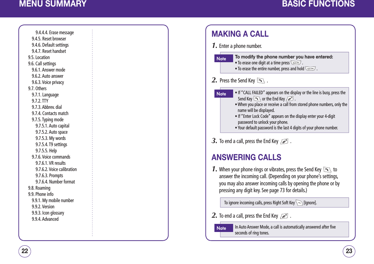 MENU SUMMARY9.4.4.4. Erase message9.4.5. Reset browser9.4.6. Default settings9.4.7. Reset handset9.5. Location9.6. Call settings9.6.1. Answer mode9.6.2. Auto answer9.6.3. Voice privacy9.7. Others9.7.1. Language9.7.2. TTY9.7.3. Abbrev. dial9.7.4. Contacts match9.7.5. Typing mode9.7.5.1. Auto capital9.7.5.2. Auto space9.7.5.3. My words9.7.5.4. T9 settings9.7.5.5. Help9.7.6. Voice commands9.7.6.1. VR results9.7.6.2. Voice calibration9.7.6.3. Prompts9.7.6.4. Number format9.8. Roaming9.9. Phone info9.9.1. My mobile number9.9.2. Version9.9.3. Icon glossary9.9.4. Advanced2322BASIC FUNCTIONSMAKING A CALL1. Enter a phone number.2.   Press the Send Key   .3.   To end a call, press the End Key   .ANSWERING CALLS1.  When your phone rings or vibrates, press the Send Key   to answer the incoming call. (Depending on your phone’s settings, you may also answer incoming calls by opening the phone or by pressing any digit key. See page 73 for details.)2.  To end a call, press the End Key   .To modify the phone number you have entered:• To erase one digit at a time press   .• To erase the entire number, press and hold   .Note•  If “CALL FAILED” appears on the display or the line is busy, press the Send Key   or the End Key   .•  When you place or receive a call from stored phone numbers, only the name will be displayed.•  If “Enter Lock Code” appears on the display enter your 4-digit password to unlock your phone.•  Your default password is the last 4 digits of your phone number.NoteTo ignore incoming calls, press Right Soft Key   [Ignore].In Auto Answer Mode, a call is automatically answered after five seconds of ring tones.Note