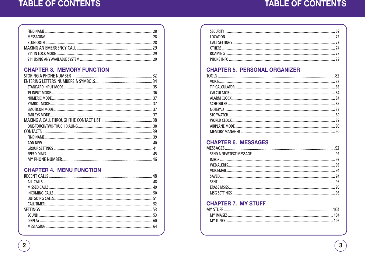 TABLE OF CONTENTSFIND NAME ....................................................................................................................... 28MESSAGING ...................................................................................................................... 28BLUETOOTH ...................................................................................................................... 28MAKING AN EMERGENCY CALL ......................................................................... 29911 IN LOCK MODE .......................................................................................................... 29911 USING ANY AVAILABLE SYSTEM ................................................................................ 29CHAPTER 3.  MEMORY FUNCTIONSTORING A PHONE NUMBER .............................................................................. 32ENTERING LETTERS, NUMBERS &amp; SYMBOLS ....................................................... 34STANDARD INPUT MODE .................................................................................................. 35T9 INPUT MODE ................................................................................................................ 36NUMERIC MODE ............................................................................................................... 37SYMBOL MODE ................................................................................................................. 37EMOTICON MODE ............................................................................................................. 37SMILEYS MODE ................................................................................................................. 37MAKING A CALL THROUGH THE CONTACT LIST ..................................................38ONE-TOUCH/TWO-TOUCH DIALING .................................................................................. 38CONTACTS .......................................................................................................... 39FIND NAME ....................................................................................................................... 39ADD NEW .......................................................................................................................... 40GROUP SETTINGS ............................................................................................................. 41SPEED DIALS ..................................................................................................................... 45MY PHONE NUMBER ....................................................................................... 46CHAPTER 4.  MENU FUNCTIONRECENT CALLS .................................................................................................... 48ALL CALLS ......................................................................................................................... 48MISSED CALLS .................................................................................................................. 49INCOMING CALLS ............................................................................................................. 50OUTGOING CALLS ............................................................................................................. 51CALL TIMER ....................................................................................................................... 52SETTINGS ............................................................................................................ 53SOUND .............................................................................................................................. 53DISPLAY ............................................................................................................................ 60MESSAGING ...................................................................................................................... 6432TABLE OF CONTENTSSECURITY .......................................................................................................................... 69LOCATION ......................................................................................................................... 72CALL SETTINGS ................................................................................................................. 73OTHERS ............................................................................................................................. 74ROAMING ......................................................................................................................... 78PHONE INFO ..................................................................................................................... 79CHAPTER 5.  PERSONAL ORGANIZERTOOLS ................................................................................................................. 82VOICE ................................................................................................................................ 82TIP CALCULATOR .............................................................................................................. 83CALCULATOR .................................................................................................................... 84ALARM CLOCK .................................................................................................................. 84SCHEDULER ...................................................................................................................... 85NOTEPAD .......................................................................................................................... 87STOPWATCH ..................................................................................................................... 89WORLD CLOCK .................................................................................................................. 89AIRPLANE MODE .............................................................................................................. 90MEMORY MANAGER ........................................................................................................ 90CHAPTER 6.  MESSAGESMESSAGES .......................................................................................................... 92SEND A NEW TEXT MESSAGE ............................................................................................ 92INBOX ............................................................................................................................... 93WEB ALERTS ...................................................................................................................... 93VOICEMAIL ....................................................................................................................... 94SAVED ............................................................................................................................... 94SENT ................................................................................................................................. 95ERASE MSGS ..................................................................................................................... 96MSG SETTINGS ................................................................................................................. 96CHAPTER 7.  MY STUFFMY STUFF .........................................................................................................104MY IMAGES .................................................................................................................... 104MY TUNES ....................................................................................................................... 106