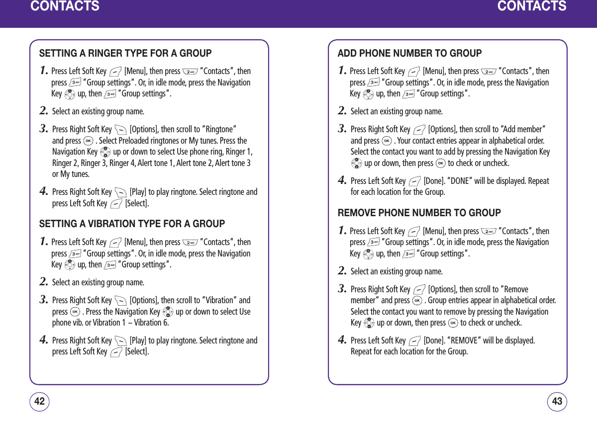 CONTACTSSETTING A RINGER TYPE FOR A GROUP1.  Press Left Soft Key   [Menu], then press   “Contacts”, then press   “Group settings“. Or, in idle mode, press the Navigation Key   up, then   “Group settings“.2.   Select an existing group name.3.   Press Right Soft Key   [Options], then scroll to “Ringtone“ and press   . Select Preloaded ringtones or My tunes. Press the Navigation Key   up or down to select Use phone ring, Ringer 1, Ringer 2, Ringer 3, Ringer 4, Alert tone 1, Alert tone 2, Alert tone 3 or My tunes.4.   Press Right Soft Key   [Play] to play ringtone. Select ringtone and press Left Soft Key   [Select].SETTING A VIBRATION TYPE FOR A GROUP1.  Press Left Soft Key   [Menu], then press   “Contacts”, then press   “Group settings“. Or, in idle mode, press the Navigation Key   up, then   “Group settings“.2.   Select an existing group name.3.   Press Right Soft Key   [Options], then scroll to “Vibration“ and press   . Press the Navigation Key   up or down to select Use phone vib. or Vibration 1 ~ Vibration 6.4.   Press Right Soft Key   [Play] to play ringtone. Select ringtone and press Left Soft Key   [Select].4342CONTACTSADD PHONE NUMBER TO GROUP1.  Press Left Soft Key   [Menu], then press   “Contacts”, then press   “Group settings“. Or, in idle mode, press the Navigation Key   up, then   “Group settings“.2.   Select an existing group name.3.   Press Right Soft Key   [Options], then scroll to “Add member“ and press   . Your contact entries appear in alphabetical order. Select the contact you want to add by pressing the Navigation Key  up or down, then press   to check or uncheck.4.   Press Left Soft Key   [Done]. “DONE” will be displayed. Repeat for each location for the Group.REMOVE PHONE NUMBER TO GROUP1.  Press Left Soft Key   [Menu], then press   “Contacts”, then press   “Group settings“. Or, in idle mode, press the Navigation Key   up, then   “Group settings“.2.   Select an existing group name.3.   Press Right Soft Key   [Options], then scroll to “Remove member“ and press   . Group entries appear in alphabetical order. Select the contact you want to remove by pressing the Navigation Key   up or down, then press   to check or uncheck.4.   Press Left Soft Key   [Done]. “REMOVE” will be displayed. Repeat for each location for the Group.