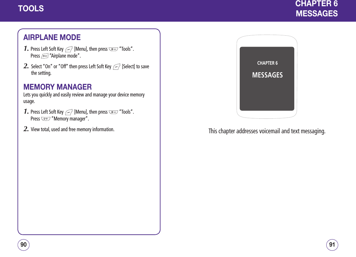 TOOLSAIRPLANE MODE1.  Press Left Soft Key   [Menu], then press   “Tools”.  Press   “Airplane mode”.2.   Select “On” or “Off” then press Left Soft Key   [Select] to save the setting.MEMORY MANAGERLets you quickly and easily review and manage your device memory usage.1.  Press Left Soft Key   [Menu], then press   “Tools”.  Press   “Memory manager”.2.   View total, used and free memory information.9190CHAPTER 6MESSAGESCHAPTER 6MESSAGESThis chapter addresses voicemail and text messaging.