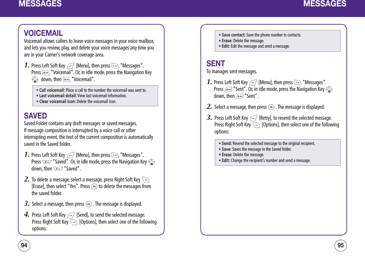 MESSAGESVOICEMAILVoicemail allows callers to leave voice messages in your voice mailbox, and lets you review, play, and delete your voice messages any time you are in your Carrier’s network coverage area.1.  Press Left Soft Key   [Menu], then press   “Messages”.  Press   “Voicemail”. Or, in idle mode, press the Navigation Key   down, then   “Voicemail”.SAVEDSaved Folder contains any draft messages or saved messages.  If message composition is interrupted by a voice call or other interrupting event, the text of the current composition is automatically saved in the Saved folder.1.  Press Left Soft Key   [Menu], then press   “Messages”.  Press   “Saved”. Or, in idle mode, press the Navigation Key    down, then   “Saved”.2.   To delete a message, select a message, press Right Soft Key   [Erase], then select “Yes”. Press   to delete the messages from the saved folder.3.   Select a message, then press   . The message is displayed.4.   Press Left Soft Key   [Send], to send the selected message.  Press Right Soft Key   [Options], then select one of the following options:9594MESSAGESSENTTo manages sent messages.1.  Press Left Soft Key   [Menu], then press   “Messages”.  Press   “Sent”. Or, in idle mode, press the Navigation Key    down, then   “Sent”.2.   Select a message, then press   . The message is displayed.3.   Press Left Soft Key   [Retry], to resend the selected message.  Press Right Soft Key   [Options], then select one of the following options:• Send: Resend the selected message to the original recipient.• Save: Saves the message in the Saved folder.• Erase: Delete the message.• Edit: Change the recipient’s number and send a message.• Save contact: Save the phone number in contacts.• Erase: Delete the message.• Edit: Edit the message and send a message.• Call voicemail: Place a call to the number the voicemail was sent to.• Last voicemail detail: View last voicemail information.• Clear voicemail icon: Delete the voicemail icon.