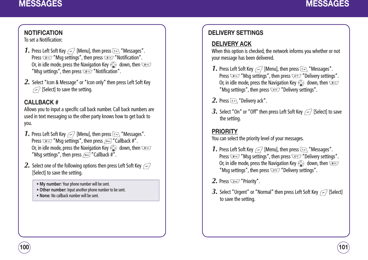 MESSAGESNOTIFICATIONTo set a Notification:1.  Press Left Soft Key   [Menu], then press   “Messages”.  Press   “Msg settings”, then press   “Notification”.   Or, in idle mode, press the Navigation Key    down, then   “Msg settings”, then press   “Notification”.2.   Select “Icon &amp; Message” or “Icon only” then press Left Soft Key  [Select] to save the setting.CALLBACK #Allows you to input a specific call back number. Call back numbers are used in text messaging so the other party knows how to get back to you.1.  Press Left Soft Key   [Menu], then press   “Messages”.  Press   “Msg settings”, then press   “Callback #”.   Or, in idle mode, press the Navigation Key    down, then   “Msg settings”, then press   “Callback #”.2.   Select one of the following options then press Left Soft Key   [Select] to save the setting.101100MESSAGESDELIVERY SETTINGSDELIVERY ACKWhen this option is checked, the network informs you whether or not your message has been delivered.1.  Press Left Soft Key   [Menu], then press   “Messages”.  Press   “Msg settings”, then press   “Delivery settings”.    Or, in idle mode, press the Navigation Key    down, then   “Msg settings”, then press   “Delivery settings”.2.  Press   “Delivery ack”.3.   Select “On” or “Off” then press Left Soft Key   [Select] to save the setting.PRIORITYYou can select the priority level of your messages.1.  Press Left Soft Key   [Menu], then press   “Messages”.  Press   “Msg settings”, then press   “Delivery settings”.    Or, in idle mode, press the Navigation Key    down, then   “Msg settings”, then press   “Delivery settings”.2.  Press   “Priority”.3.   Select “Urgent” or “Normal” then press Left Soft Key   [Select] to save the setting.• My number: Your phone number will be sent.• Other number: Input another phone number to be sent.• None: No callback number will be sent.