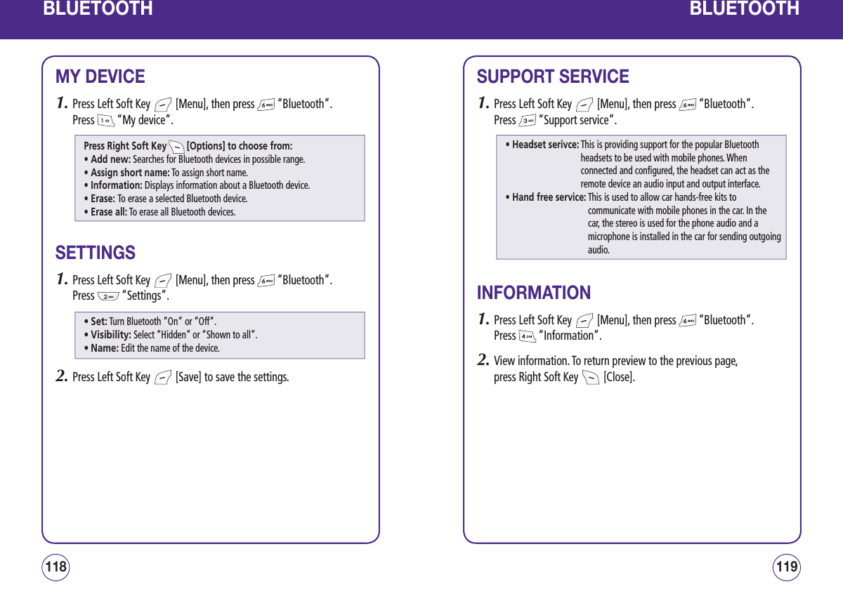 BLUETOOTHMY DEVICE1.  Press Left Soft Key   [Menu], then press   “Bluetooth”.  Press   “My device”.SETTINGS1.  Press Left Soft Key   [Menu], then press   “Bluetooth”.  Press   “Settings”.2.  Press Left Soft Key   [Save] to save the settings.119118BLUETOOTHSUPPORT SERVICE1.  Press Left Soft Key   [Menu], then press   “Bluetooth”.  Press   “Support service”.INFORMATION1.  Press Left Soft Key   [Menu], then press   “Bluetooth”.  Press   “Information”.2.  View information. To return preview to the previous page,  press Right Soft Key   [Close].Press Right Soft Key   [Options] to choose from:• Add new: Searches for Bluetooth devices in possible range.• Assign short name: To assign short name.• Information: Displays information about a Bluetooth device.• Erase: To erase a selected Bluetooth device.• Erase all: To erase all Bluetooth devices.• Set: Turn Bluetooth “On“ or “Off“.• Visibility: Select “Hidden” or “Shown to all”.• Name: Edit the name of the device.• Headset serivce:  This is providing support for the popular Bluetooth headsets to be used with mobile phones. When connected and configured, the headset can act as the remote device an audio input and output interface.• Hand free service:  This is used to allow car hands-free kits to communicate with mobile phones in the car. In the car, the stereo is used for the phone audio and a microphone is installed in the car for sending outgoing audio.