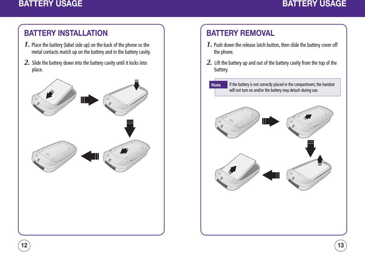 BATTERY USAGEBATTERY REMOVAL1.  Push down the release latch button, then slide the battery cover off the phone.2.   Lift the battery up and out of the battery cavity from the top of the battery.1312BATTERY USAGEIf the battery is not correctly placed in the compartment, the handset will not turn on and/or the battery may detach during use.NoteBATTERY INSTALLATION1.  Place the battery (label side up) on the back of the phone so the metal contacts match up on the battery and in the battery cavity.2.   Slide the battery down into the battery cavity until it locks into place.