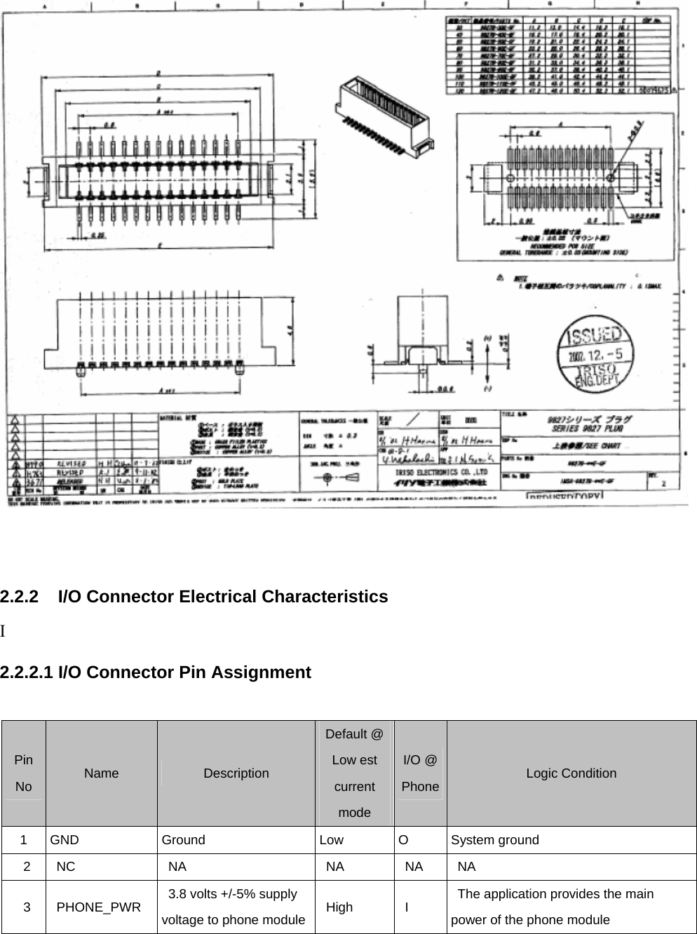    2.2.2  I/O Connector Electrical Characteristics I 2.2.2.1 I/O Connector Pin Assignment  Pin No   Name   Description  Default @ Low est current mode  I/O @ Phone  Logic Condition   1  GND   Ground   Low   O   System ground   2    NC     NA     NA     NA    NA    3    PHONE_PWR     3.8 volts +/-5% supply voltage to phone module     High     I      The application provides the main power of the phone module     