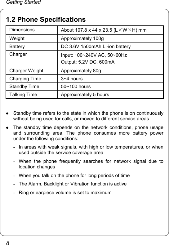 Getting Started 1.2 Phone Specifications Dimensions  About 107.8 x 44 x 23.5 (L×W×H) mm Weight Approximately 100g Battery  DC 3.6V 1500mAh Li-ion battery Charger  Input: 100~240V AC, 50~60Hz   Output: 5.2V DC, 600mA Charger Weight  Approximately 80g   Charging Time  3~4 hours Standby Time  50~100 hours Talking Time  Approximately 5 hours  z Standby time refers to the state in which the phone is on continuously without being used for calls, or moved to different service areas z The standby time depends on the network conditions, phone usage and surrounding area. The phone consumes more battery power under the following conditions: -  In areas with weak signals, with high or low temperatures, or when used outside the service coverage area -  When the phone frequently searches for network signal due to location changes -  When you talk on the phone for long periods of time -  The Alarm, Backlight or Vibration function is active -  Ring or earpiece volume is set to maximum 8 