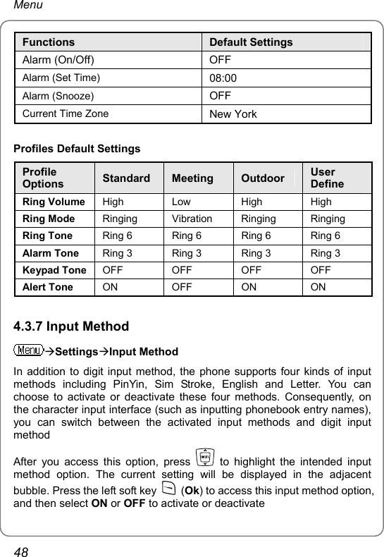 Menu Functions  Default Settings Alarm (On/Off)  OFF Alarm (Set Time)  08:00 Alarm (Snooze)  OFF Current Time Zone  New York Profiles Default Settings Profile Options  Standard  Meeting  Outdoor  User Define Ring Volume  High Low  High High Ring Mode  Ringing Vibration Ringing Ringing Ring Tone  Ring 6  Ring 6  Ring 6  Ring 6 Alarm Tone  Ring 3  Ring 3  Ring 3  Ring 3 Keypad Tone  OFF OFF OFF OFF Alert Tone  ON OFF ON ON 4.3.7 Input Method ÆSettingsÆInput Method In addition to digit input method, the phone supports four kinds of input methods including PinYin, Sim Stroke, English and Letter. You can choose to activate or deactivate these four methods. Consequently, on the character input interface (such as inputting phonebook entry names), you can switch between the activated input methods and digit input method After you access this option, press   to highlight the intended input method option. The current setting will be displayed in the adjacent bubble. Press the left soft key   (Ok) to access this input method option, and then select ON or OFF to activate or deactivate48 