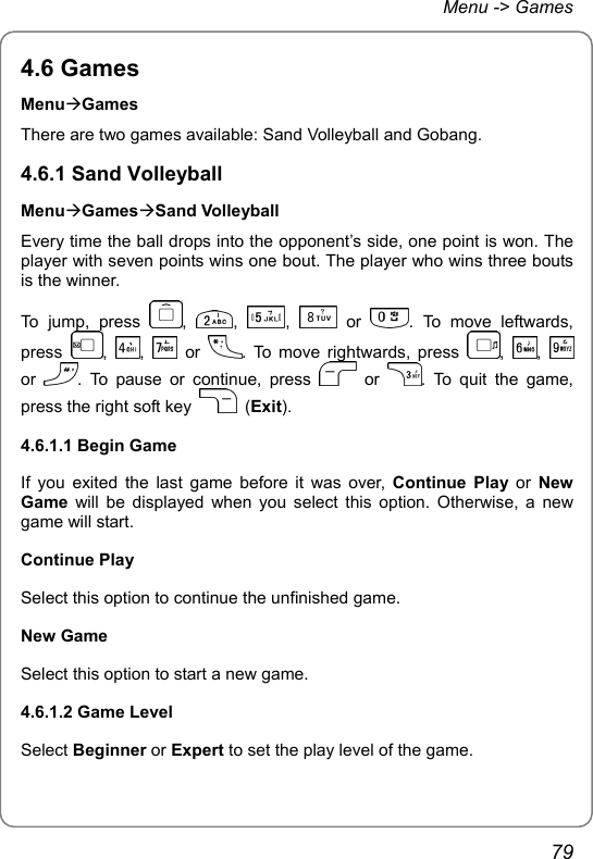 Menu -&gt; Games 4.6 Games MenuÆGames There are two games available: Sand Volleyball and Gobang. 4.6.1 Sand Volleyball MenuÆGamesÆSand Volleyball Every time the ball drops into the opponent’s side, one point is won. The player with seven points wins one bout. The player who wins three bouts is the winner. To jump, press  ,  ,  ,   or  . To move leftwards, press  ,  ,   or  . To move rightwards, press  ,  ,   or  . To pause or continue, press   or  . To quit the game, press the right soft key   (Exit). 4.6.1.1 Begin Game If you exited the last game before it was over, Continue Play or New Game will be displayed when you select this option. Otherwise, a new game will start. Continue Play Select this option to continue the unfinished game. New Game Select this option to start a new game. 4.6.1.2 Game Level Select Beginner or Expert to set the play level of the game. 79 