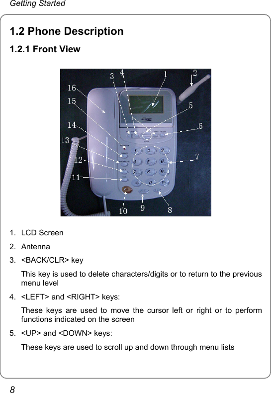 Getting Started 1.2 Phone Description 1.2.1 Front View  1. LCD Screen 2. Antenna 3. &lt;BACK/CLR&gt; key This key is used to delete characters/digits or to return to the previous menu level 4.  &lt;LEFT&gt; and &lt;RIGHT&gt; keys: These keys are used to move the cursor left or right or to perform functions indicated on the screen   5.  &lt;UP&gt; and &lt;DOWN&gt; keys: These keys are used to scroll up and down through menu lists 8 