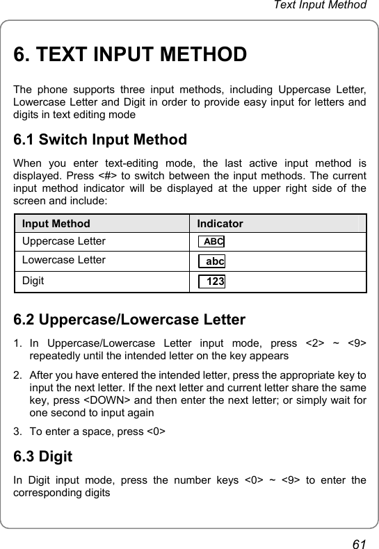 Text Input Method 6. TEXT INPUT METHOD The phone supports three input methods, including Uppercase Letter, Lowercase Letter and Digit in order to provide easy input for letters and digits in text editing mode 6.1 Switch Input Method When you enter text-editing mode, the last active input method is displayed. Press &lt;#&gt; to switch between the input methods. The current input method indicator will be displayed at the upper right side of the screen and include: Input Method  Indicator              Uppercase Letter ABC         Lowercase Letter  abc                         Digit  123               6.2 Uppercase/Lowercase Letter 1. In Uppercase/Lowercase Letter input mode, press &lt;2&gt; ~ &lt;9&gt; repeatedly until the intended letter on the key appears 2.  After you have entered the intended letter, press the appropriate key to input the next letter. If the next letter and current letter share the same key, press &lt;DOWN&gt; and then enter the next letter; or simply wait for one second to input again 3.  To enter a space, press &lt;0&gt; 6.3 Digit In Digit input mode, press the number keys &lt;0&gt; ~ &lt;9&gt; to enter the corresponding digits 61 