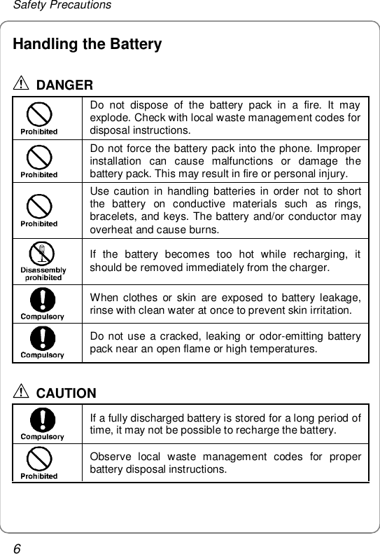 Safety Precautions 6 Handling the Battery  DANGER  Do not dispose of the battery pack in a fire. It may explode. Check with local waste management codes for disposal instructions.  Do not force the battery pack into the phone. Improper installation can cause malfunctions or damage the battery pack. This may result in fire or personal injury.  Use caution in handling batteries in order not to short the battery on conductive materials such as rings, bracelets, and keys. The battery and/or conductor may overheat and cause burns.  If the battery becomes too hot while recharging, it should be removed immediately from the charger.  When clothes or skin are exposed to battery leakage, rinse with clean water at once to prevent skin irritation.  Do not use a cracked, leaking or odor-emitting battery pack near an open flame or high temperatures.  CAUTION  If a fully discharged battery is stored for a long period of time, it may not be possible to recharge the battery.  Observe local waste management codes for proper battery disposal instructions. 