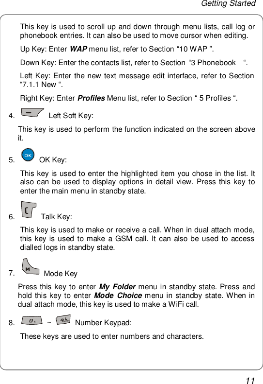 Getting Started 11 This key is used to scroll up and down through menu lists, call log or phonebook entries. It can also be used to move cursor when editing. Up Key: Enter WAP menu list, refer to Section “10 WAP ”. Down Key: Enter the contacts list, refer to Section “3 Phonebook  “. Left Key: Enter the new text message edit interface, refer to Section “7.1.1 New “. Right Key: Enter Profiles Menu list, refer to Section “ 5 Profiles “. 4.   Left Soft Key: This key is used to perform the function indicated on the screen above it. 5.   OK Key: This key is used to enter the highlighted item you chose in the list. It also can be used to display options in detail view. Press this key to enter the main menu in standby state. 6.   Talk Key: This key is used to make or receive a call. When in dual attach mode, this key is used to make a GSM call. It can also be used to access dialled logs in standby state. 7.   Mode Key Press this key to enter My Folder menu in standby state. Press and hold this key to enter Mode Choice menu in standby state. When in dual attach mode, this key is used to make a WiFi call. 8.   ~   Number Keypad: These keys are used to enter numbers and characters. 