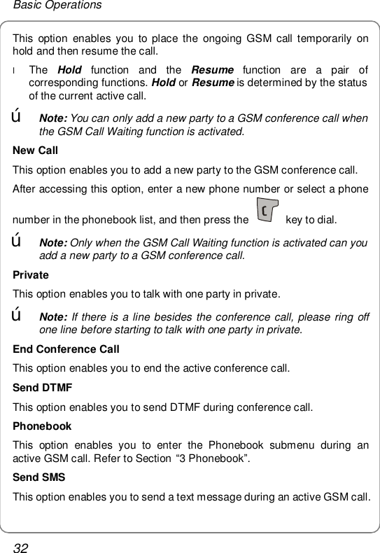 Basic Operations 32 This option enables you to place the ongoing GSM call temporarily on hold and then resume the call. l The  Hold function and the  Resume function are a pair of corresponding functions. Hold or Resume is determined by the status of the current active call. œ Note: You can only add a new party to a GSM conference call when the GSM Call Waiting function is activated. New Call This option enables you to add a new party to the GSM conference call. After accessing this option, enter a new phone number or select a phone number in the phonebook list, and then press the   key to dial. œ Note: Only when the GSM Call Waiting function is activated can you add a new party to a GSM conference call. Private This option enables you to talk with one party in private. œ Note: If there is a line besides the conference call, please ring off one line before starting to talk with one party in private. End Conference Call This option enables you to end the active conference call. Send DTMF This option enables you to send DTMF during conference call. Phonebook This option enables you to enter the Phonebook submenu during an active GSM call. Refer to Section “3 Phonebook”. Send SMS This option enables you to send a text message during an active GSM call. 