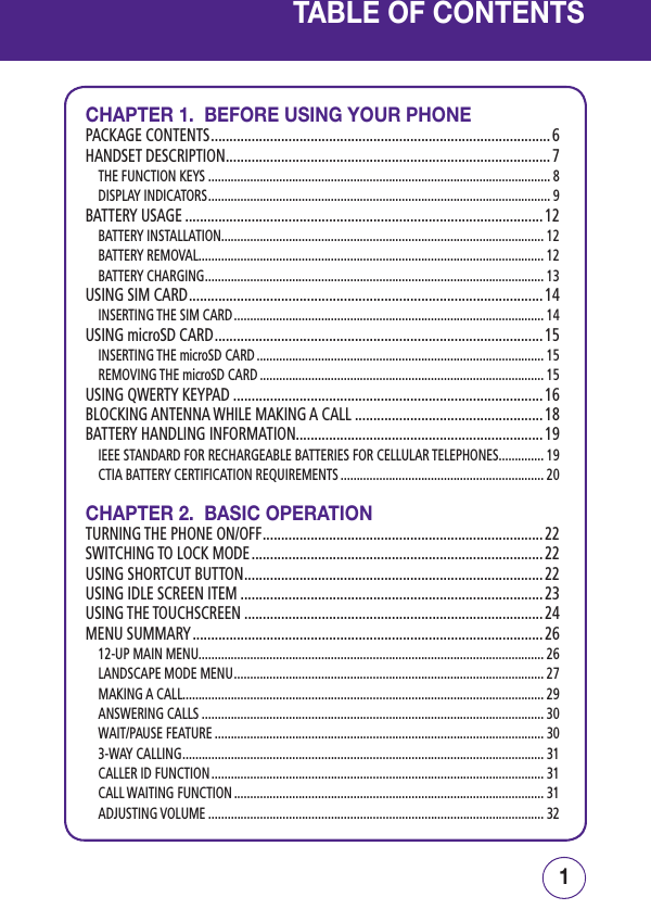 TABLE OF CONTENTSCHAPTER 1.  BEFORE USING YOUR PHONEPACKAGE CONTENTS ............................................................................................ 6HANDSET DESCRIPTION ........................................................................................ 7THE FUNCTION KEYS .......................................................................................................... 8DISPLAY INDICATORS .......................................................................................................... 9BATTERY USAGE ................................................................................................. 12BATTERY INSTALLATION.................................................................................................... 12BATTERY REMOVAL ........................................................................................................... 12 BATTERY CHARGING ......................................................................................................... 13USING SIM CARD ................................................................................................14INSERTING THE SIM CARD ................................................................................................ 14USING microSD CARD ......................................................................................... 15INSERTING THE microSD CARD ......................................................................................... 15REMOVING THE microSD CARD ........................................................................................ 15USING QWERTY KEYPAD ....................................................................................16BLOCKING ANTENNA WHILE MAKING A CALL ...................................................18BATTERY HANDLING INFORMATION................................................................... 19IEEE STANDARD FOR RECHARGEABLE BATTERIES FOR CELLULAR TELEPHONES .............. 19CTIA BATTERY CERTIFICATION REQUIREMENTS ............................................................... 20CHAPTER 2.  BASIC OPERATIONTURNING THE PHONE ON/OFF ............................................................................22SWITCHING TO LOCK MODE ............................................................................... 22USING SHORTCUT BUTTON ................................................................................. 22USING IDLE SCREEN ITEM .................................................................................. 23USING THE TOUCHSCREEN .................................................................................24MENU SUMMARY ............................................................................................... 2612-UP MAIN MENU........................................................................................................... 26LANDSCAPE MODE MENU ................................................................................................ 27MAKING A CALL................................................................................................................ 29ANSWERING CALLS .......................................................................................................... 30WAIT/PAUSE FEATURE ...................................................................................................... 303-WAY CALLING ................................................................................................................ 31CALLER ID FUNCTION ....................................................................................................... 31CALL WAITING FUNCTION ................................................................................................ 31ADJUSTING VOLUME ........................................................................................................ 321PB