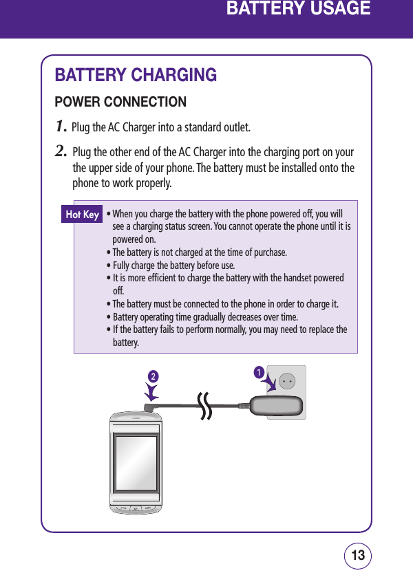 1312BATTERY USAGEBATTERY CHARGINGPOWER CONNECTION1. Plug the AC Charger into a standard outlet.2.   Plug the other end of the AC Charger into the charging port on your the upper side of your phone. The battery must be installed onto the phone to work properly.•  When you charge the battery with the phone powered off, you will see a charging status screen. You cannot operate the phone until it is powered on.•  The battery is not charged at the time of purchase.•  Fully charge the battery before use.•  It is more efficient to charge the battery with the handset powered off.•  The battery must be connected to the phone in order to charge it.•  Battery operating time gradually decreases over time.•  If the battery fails to perform normally, you may need to replace the battery.Hot Key