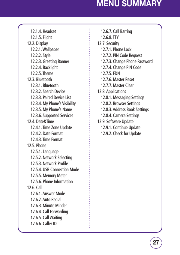2726MENU SUMMARY12.1.4. Headset12.1.5. Flight12.2. Display12.2.1. Wallpaper12.2.2. Style12.2.3. Greeting Banner12.2.4. Backlight12.2.5. Theme12.3. Bluetooth12.3.1. Bluetooth12.3.2. Search Device12.3.3. Paired Device List12.3.4. My Phone’s Visibility12.3.5. My Phone’s Name12.3.6. Supported Services12.4. Date&amp;Time12.4.1. Time Zone Update12.4.2. Date Format12.4.3. Time Format12.5. Phone12.5.1. Language12.5.2. Network Selecting12.5.3. Network Profile12.5.4. USB Connection Mode12.5.5. Memory Meter12.5.6. Phone Information12.6. Call12.6.1. Answer Mode12.6.2. Auto Redial12.6.3. Minute Minder12.6.4. Call Forwarding12.6.5. Call Waiting12.6.6. Caller ID12.6.7. Call Barring12.6.8. TTY12.7. Security12.7.1. Phone Lock12.7.2. PIN Code Request12.7.3. Change Phone Password12.7.4. Change PIN Code12.7.5. FDN12.7.6. Master Reset12.7.7. Master Clear12.8. Applications12.8.1. Messaging Settings12.8.2. Browser Settings12.8.3. Address Book Settings12.8.4. Camera Settings12.9. Software Update12.9.1. Continue Update12.9.2. Check for Update