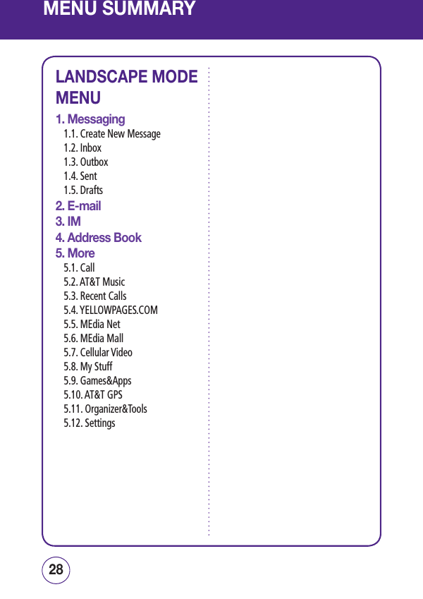 MENU SUMMARYLANDSCAPE MODE MENU1. Messaging1.1. Create New Message1.2. Inbox1.3. Outbox1.4. Sent1.5. Drafts2. E-mail3. IM4. Address Book5. More5.1. Call5.2. AT&amp;T Music5.3. Recent Calls5.4. YELLOWPAGES.COM5.5. MEdia Net5.6. MEdia Mall5.7. Cellular Video5.8. My Stuff5.9. Games&amp;Apps5.10. AT&amp;T GPS5.11. Organizer&amp;Tools5.12. Settings2928