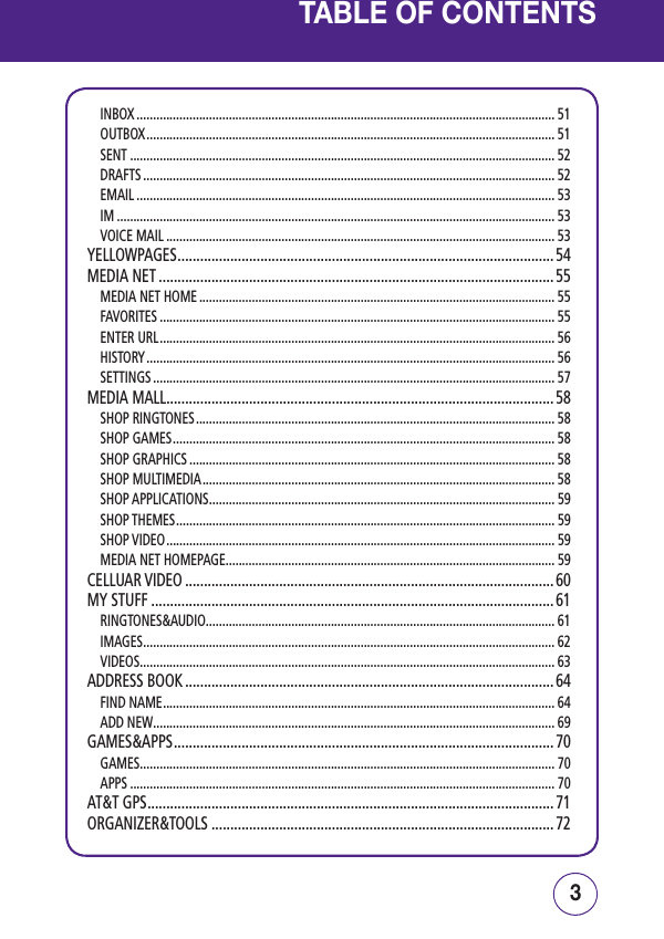 32TABLE OF CONTENTSINBOX ............................................................................................................................... 51OUTBOX ............................................................................................................................ 51SENT ................................................................................................................................. 52DRAFTS ............................................................................................................................. 52EMAIL ............................................................................................................................... 53IM ..................................................................................................................................... 53VOICE MAIL ...................................................................................................................... 53YELLOWPAGES .................................................................................................... 54MEDIA NET ......................................................................................................... 55MEDIA NET HOME ............................................................................................................ 55FAVORITES ........................................................................................................................ 55ENTER URL ........................................................................................................................ 56HISTORY ............................................................................................................................ 56SETTINGS .......................................................................................................................... 57MEDIA MALL .......................................................................................................58SHOP RINGTONES ............................................................................................................. 58SHOP GAMES .................................................................................................................... 58SHOP GRAPHICS ............................................................................................................... 58SHOP MULTIMEDIA ........................................................................................................... 58SHOP APPLICATIONS ......................................................................................................... 59SHOP THEMES ................................................................................................................... 59SHOP VIDEO ...................................................................................................................... 59MEDIA NET HOMEPAGE .................................................................................................... 59CELLUAR VIDEO .................................................................................................. 60MY STUFF ...........................................................................................................61RINGTONES&amp;AUDIO .......................................................................................................... 61IMAGES ............................................................................................................................. 62VIDEOS .............................................................................................................................. 63ADDRESS BOOK .................................................................................................. 64FIND NAME ....................................................................................................................... 64ADD NEW .......................................................................................................................... 69GAMES&amp;APPS .....................................................................................................70GAMES .............................................................................................................................. 70APPS ................................................................................................................................. 70AT&amp;T GPS ............................................................................................................ 71ORGANIZER&amp;TOOLS ...........................................................................................72