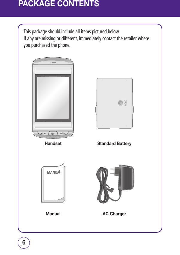 PACKAGE CONTENTSThis package should include all items pictured below.    If any are missing or different, immediately contact the retailer where you purchased the phone.76Handset Standard BatteryManual AC Charger