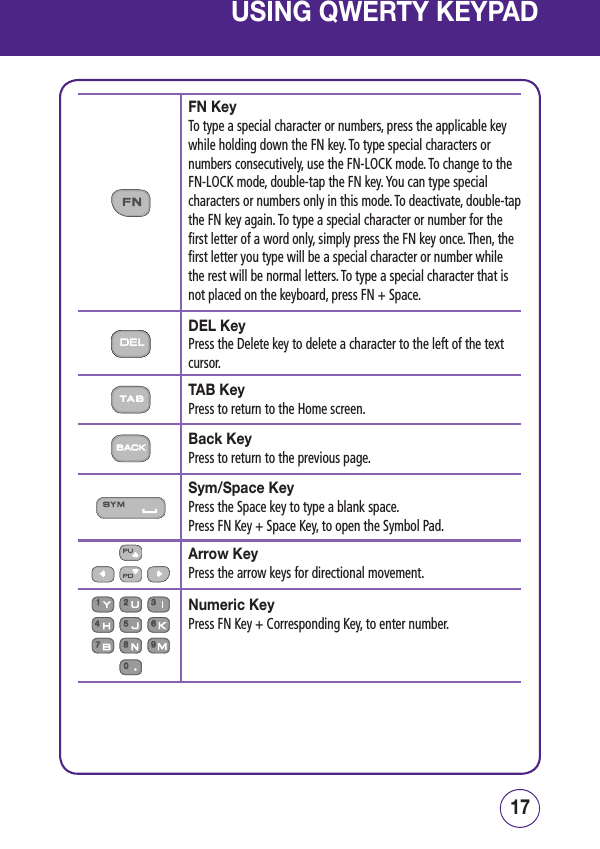 1716USING QWERTY KEYPADFN KeyTo type a special character or numbers, press the applicable key while holding down the FN key. To type special characters or numbers consecutively, use the FN-LOCK mode. To change to theFN-LOCK mode, double-tap the FN key. You can type special characters or numbers only in this mode. To deactivate, double-tap the FN key again. To type a special character or number for the first letter of a word only, simply press the FN key once. Then, the first letter you type will be a special character or number while the rest will be normal letters. To type a special character that is not placed on the keyboard, press FN + Space.Back KeyPress to return to the previous page.DEL KeyPress the Delete key to delete a character to the left of the text cursor.TAB KeyPress to return to the Home screen.Sym/Space KeyPress the Space key to type a blank space.      Press FN Key + Space Key, to open the Symbol Pad.Arrow KeyPress the arrow keys for directional movement.Numeric KeyPress FN Key + Corresponding Key, to enter number.