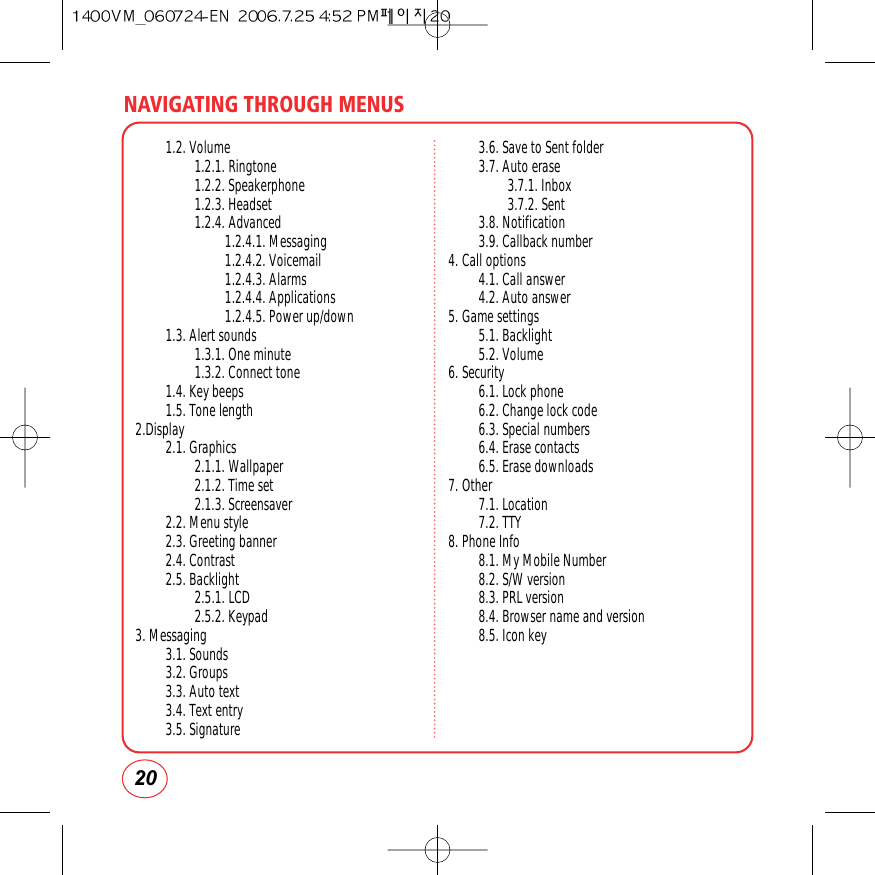 NAVIGATING THROUGH MENUS201.2. Volume1.2.1. Ringtone1.2.2. Speakerphone1.2.3. Headset1.2.4. Advanced1.2.4.1. Messaging1.2.4.2. Voicemail1.2.4.3. Alarms1.2.4.4. Applications1.2.4.5. Power up/down1.3. Alert sounds1.3.1. One minute1.3.2. Connect tone1.4. Key beeps1.5. Tone length2.Display2.1. Graphics2.1.1. Wallpaper2.1.2. Time set2.1.3. Screensaver2.2. Menu style2.3. Greeting banner2.4. Contrast2.5. Backlight2.5.1. LCD2.5.2. Keypad3. Messaging3.1. Sounds3.2. Groups3.3. Auto text3.4. Text entry3.5. Signature3.6. Save to Sent folder3.7. Auto erase3.7.1. Inbox3.7.2. Sent3.8. Notification3.9. Callback number4. Call options4.1. Call answer4.2. Auto answer5. Game settings5.1. Backlight5.2. Volume6. Security6.1. Lock phone6.2. Change lock code6.3. Special numbers6.4. Erase contacts6.5. Erase downloads7. Other7.1. Location7.2. TTY8. Phone Info8.1. My Mobile Number8.2. S/W version8.3. PRL version8.4. Browser name and version8.5. Icon key