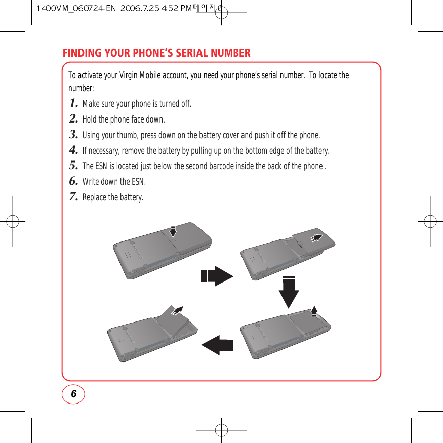 FINDING YOUR PHONE’S SERIAL NUMBER6To activate your Virgin Mobile account, you need your phone’s serial number.  To locate thenumber:1.Make sure your phone is turned off.2.Hold the phone face down.3.Using your thumb, press down on the battery cover and push it off the phone.4.If necessary, remove the battery by pulling up on the bottom edge of the battery.5.The ESN is located just below the second barcode inside the back of the phone .6.Write down the ESN.7.Replace the battery.