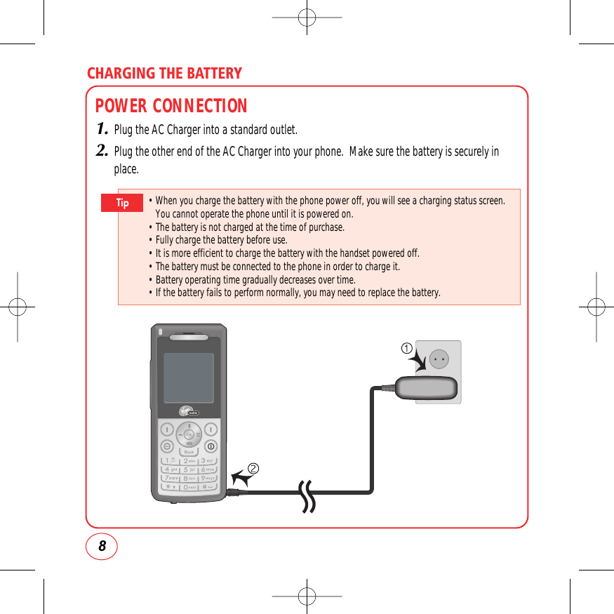 CHARGING THE BATTERY8POWER CONNECTION1.Plug the AC Charger into a standard outlet.2.Plug the other end of the AC Charger into your phone.  Make sure the battery is securely inplace.• When you charge the battery with the phone power off, youwill see a charging status screen.You cannot operate the phone until it is powered on.• The battery is not charged at the time of purchase.• Fully charge the battery before use.• It is more efficient to charge the battery with the handset powered off.• The battery must be connected to the phone in order to charge it.• Battery operating time gradually decreases over time.• If the battery fails to perform normally, you may need to replace the battery.Tip